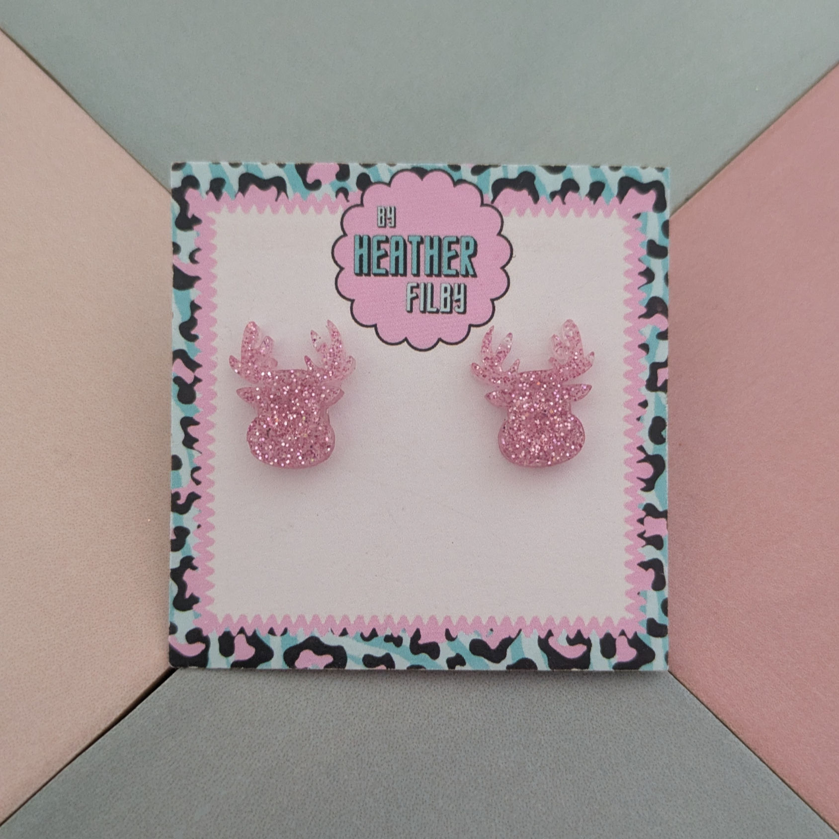Pink Reindeer Glitter Resin Stud Earrings