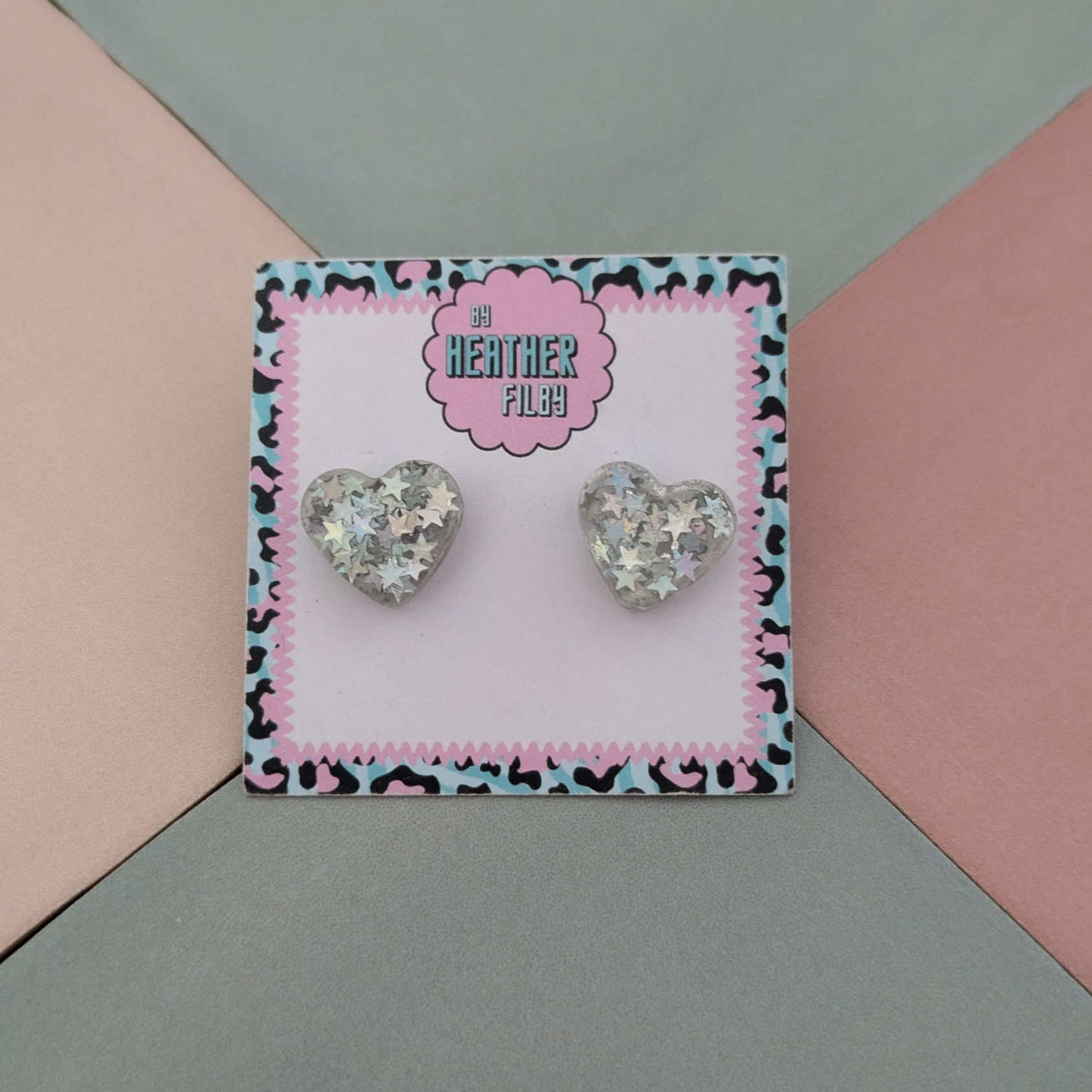 Silver Heart Glitter Resin Stud Earrings