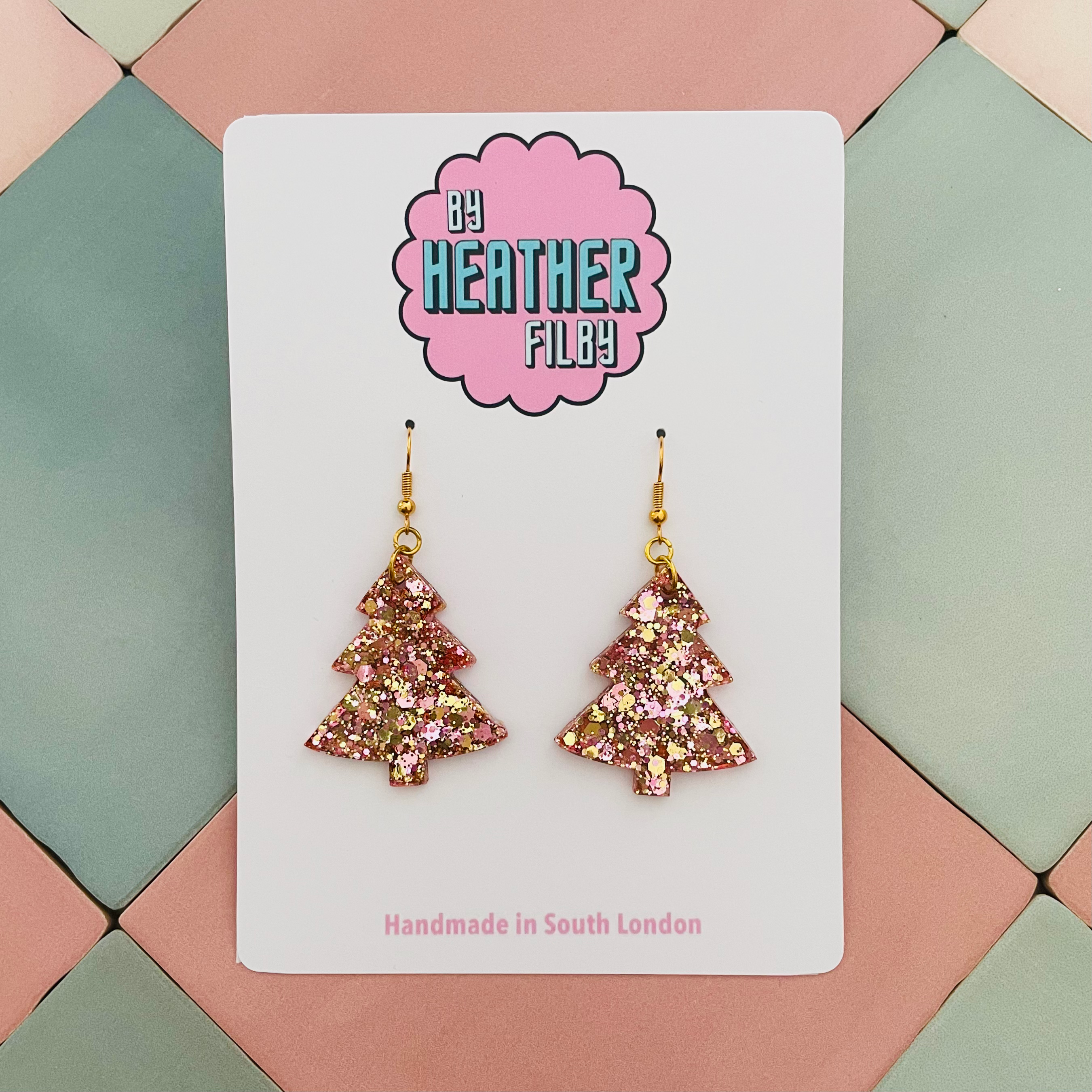 Gold and Pink Glitter Christmas Tree Earrings