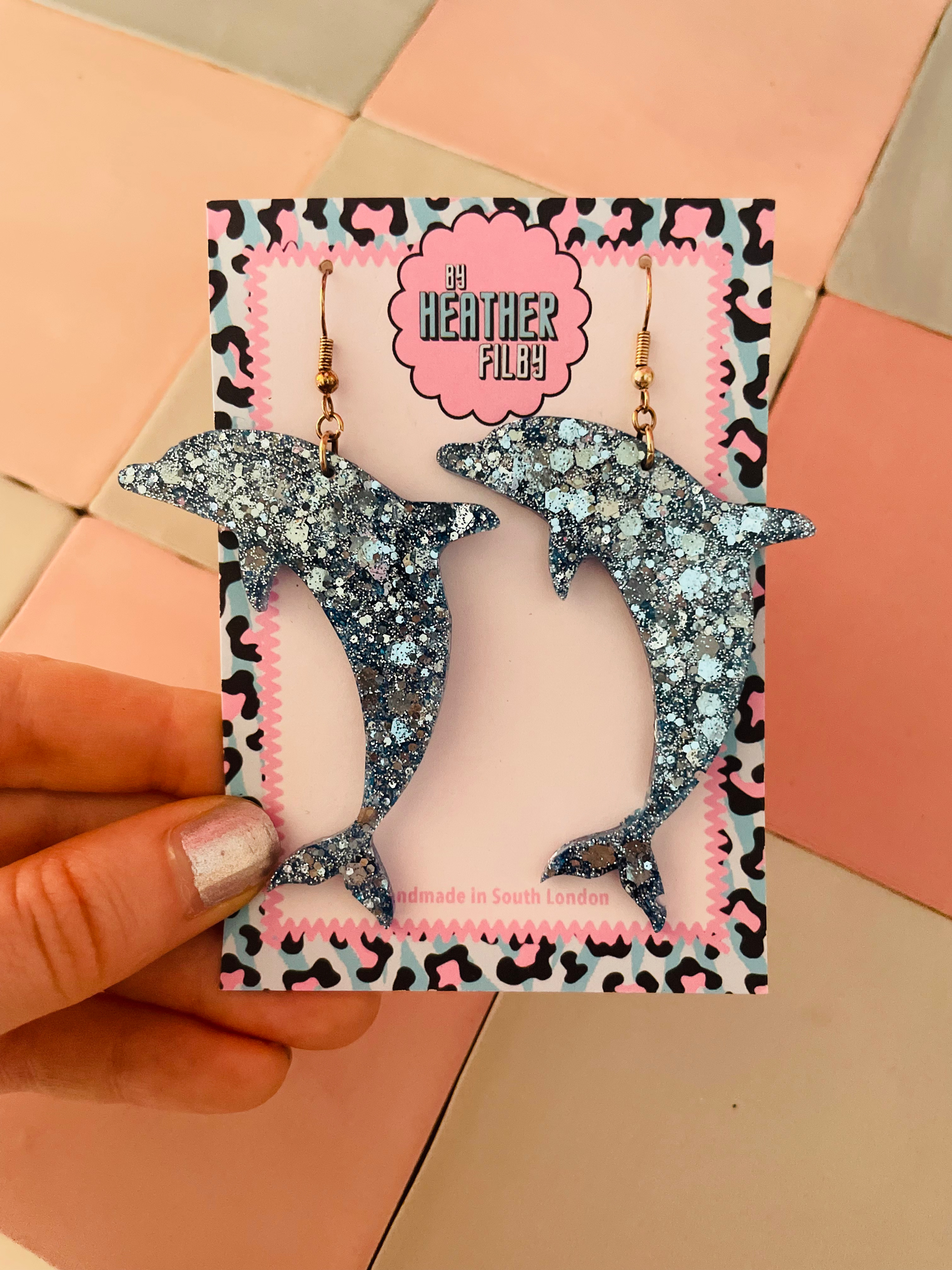 Large Dolphin Glitter Resin Earrings
