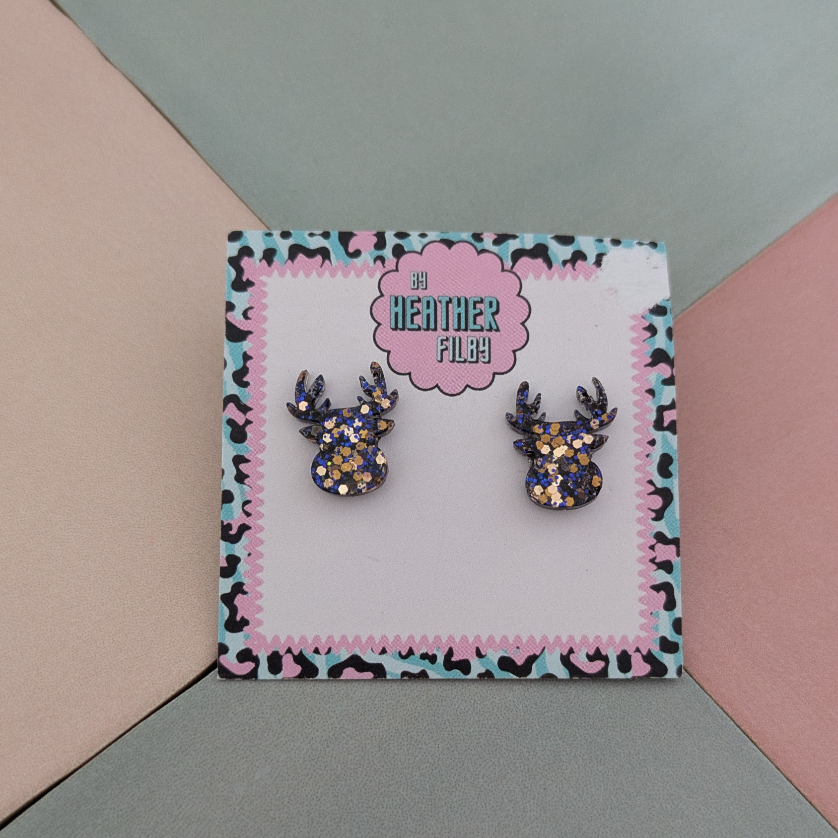 Blue and Gold Reindeer Glitter Resin Stud Earrings