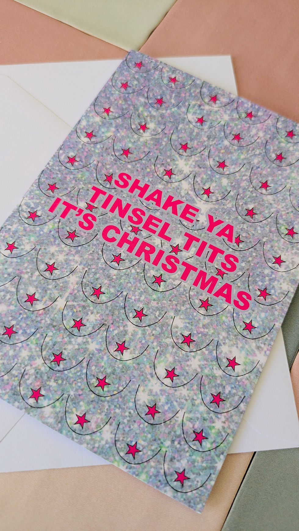 Thumbnail: Shake Ya Tinsel Tits Christmas Card – Pink & Silver Glittery A5 – Blank Inside