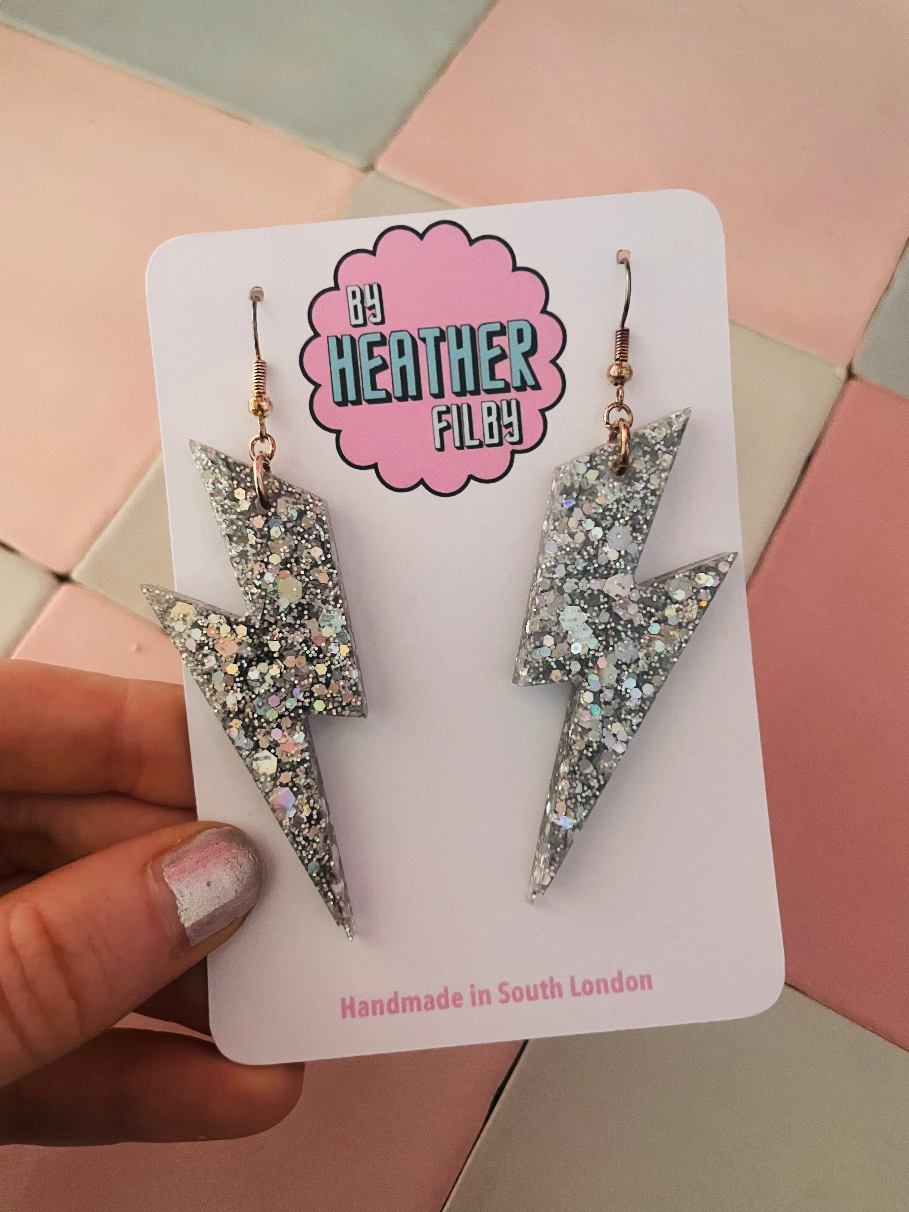 Large Silver Lightning Bolt Earrings