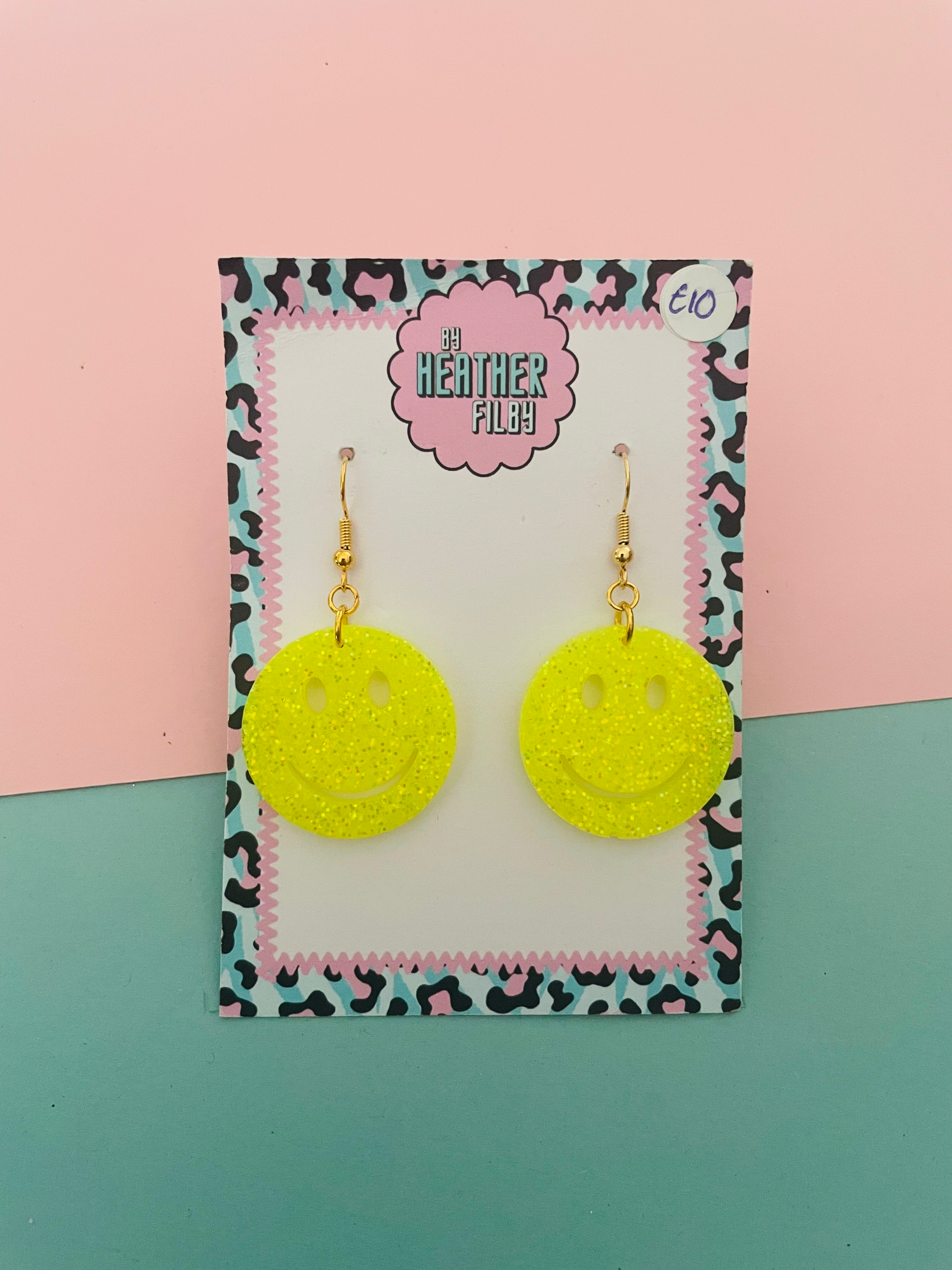 Smiley Face Neon Yellow Glitter Earrings