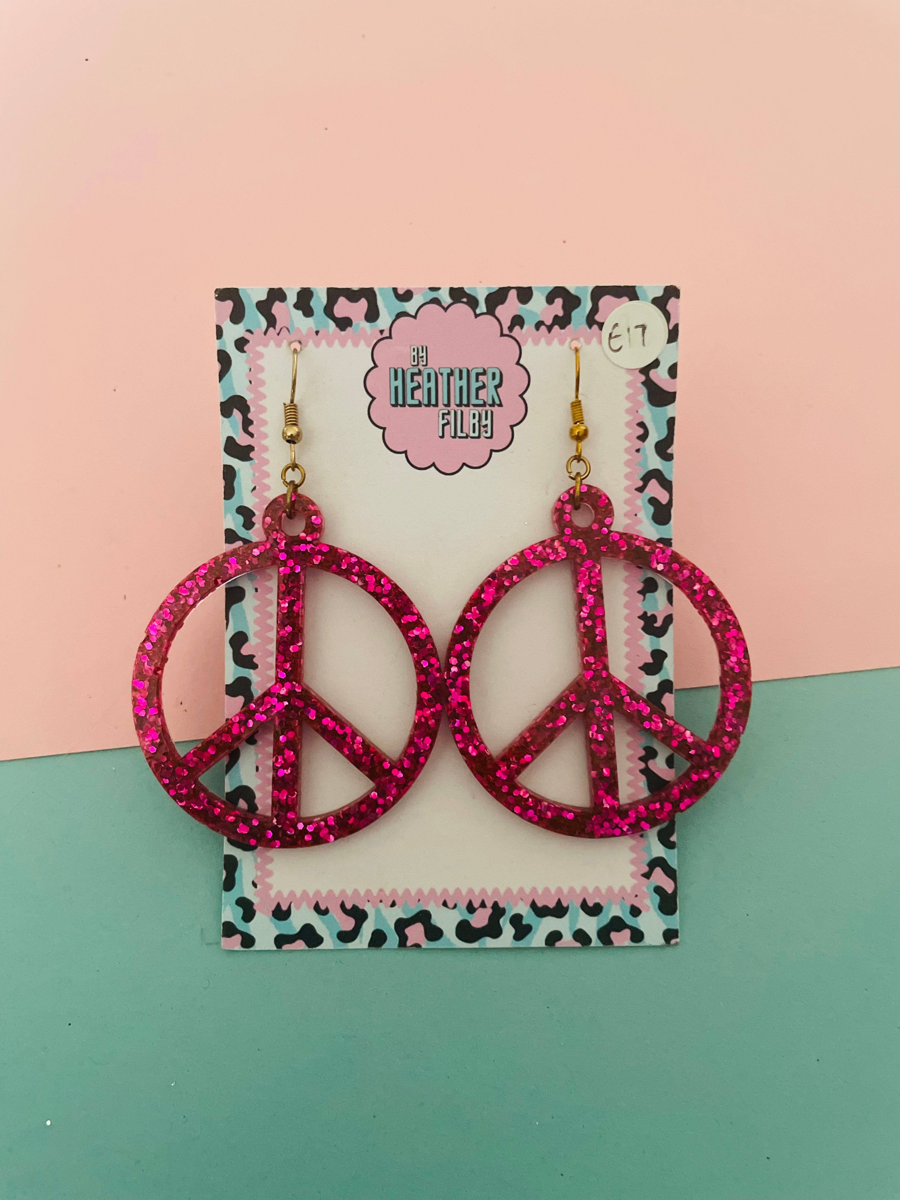 Hot Pink Peace Glitter Earrings