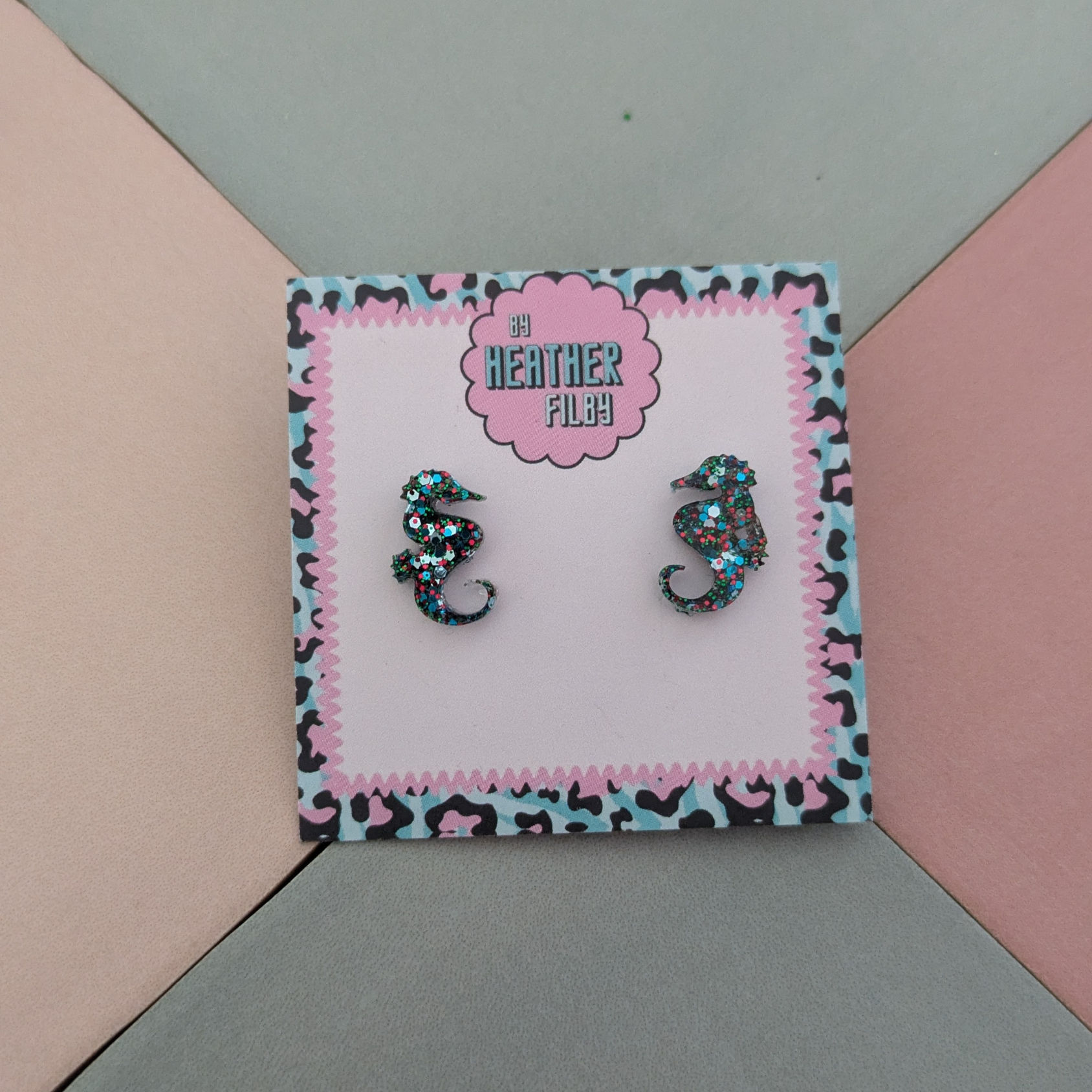Grey Seahorse Glitter Resin Stud Earrings