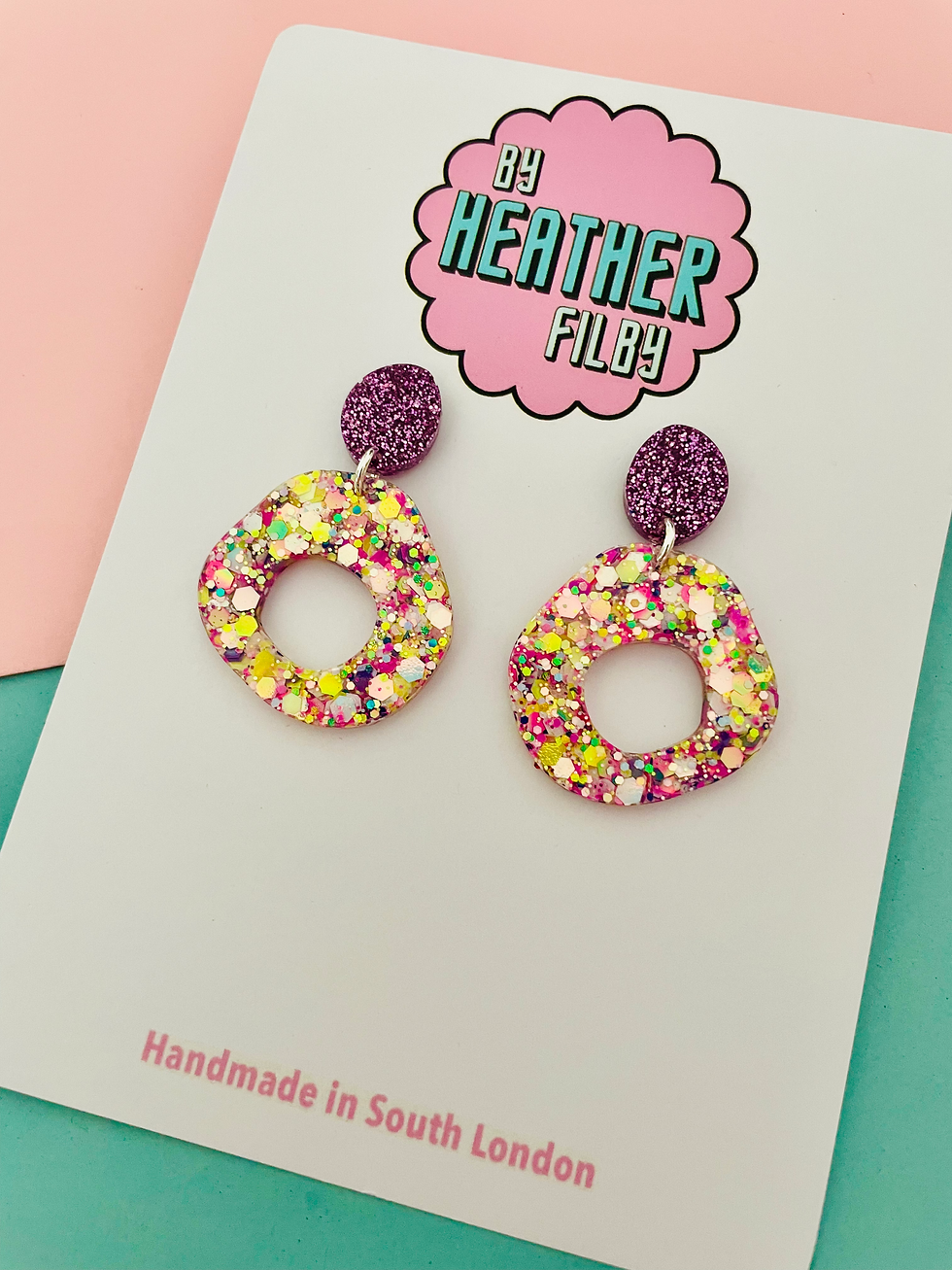 Thumbnail: Yellow, Pink and Purple Glitter Circle Earrings