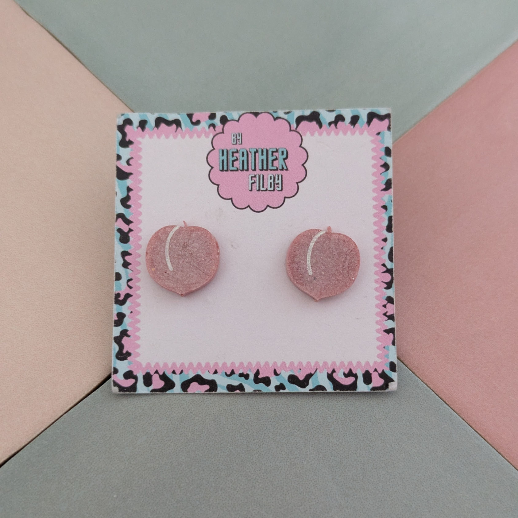 Matte Pink Peach Glitter Resin Stud Earrings