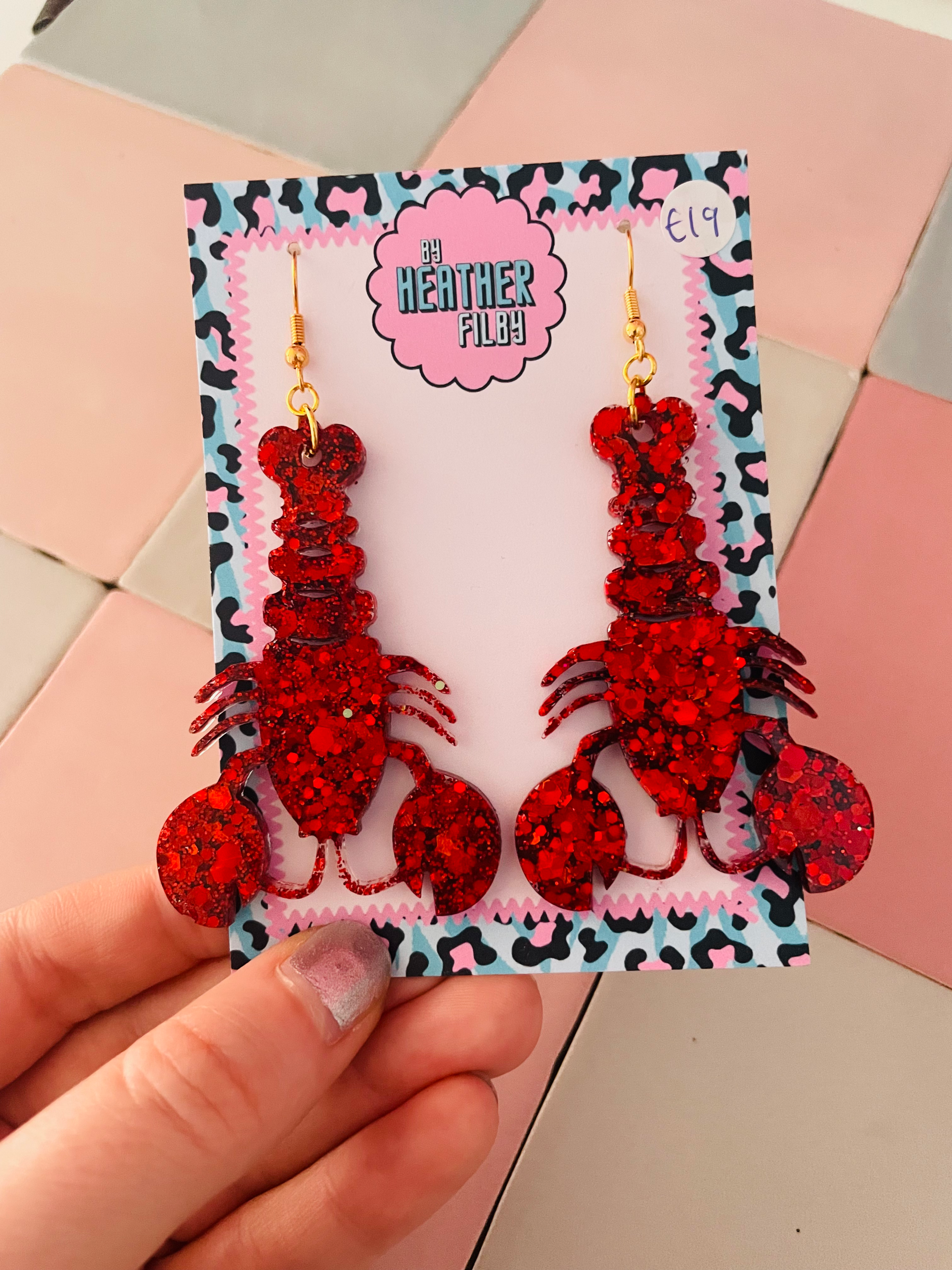 Large Red Lobster Glitter Resin Earrings
