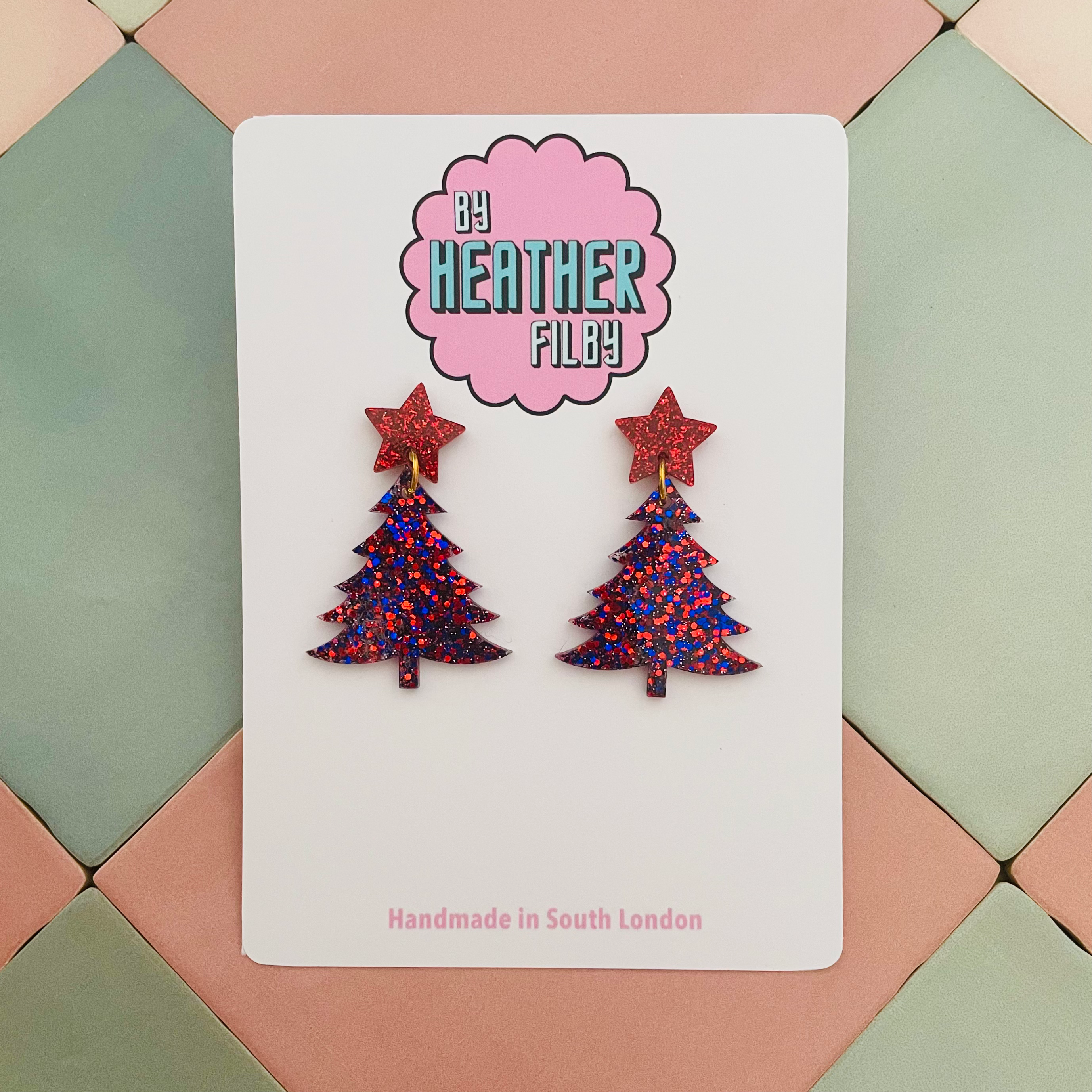 red and blue glitter Christmas Tree earrings