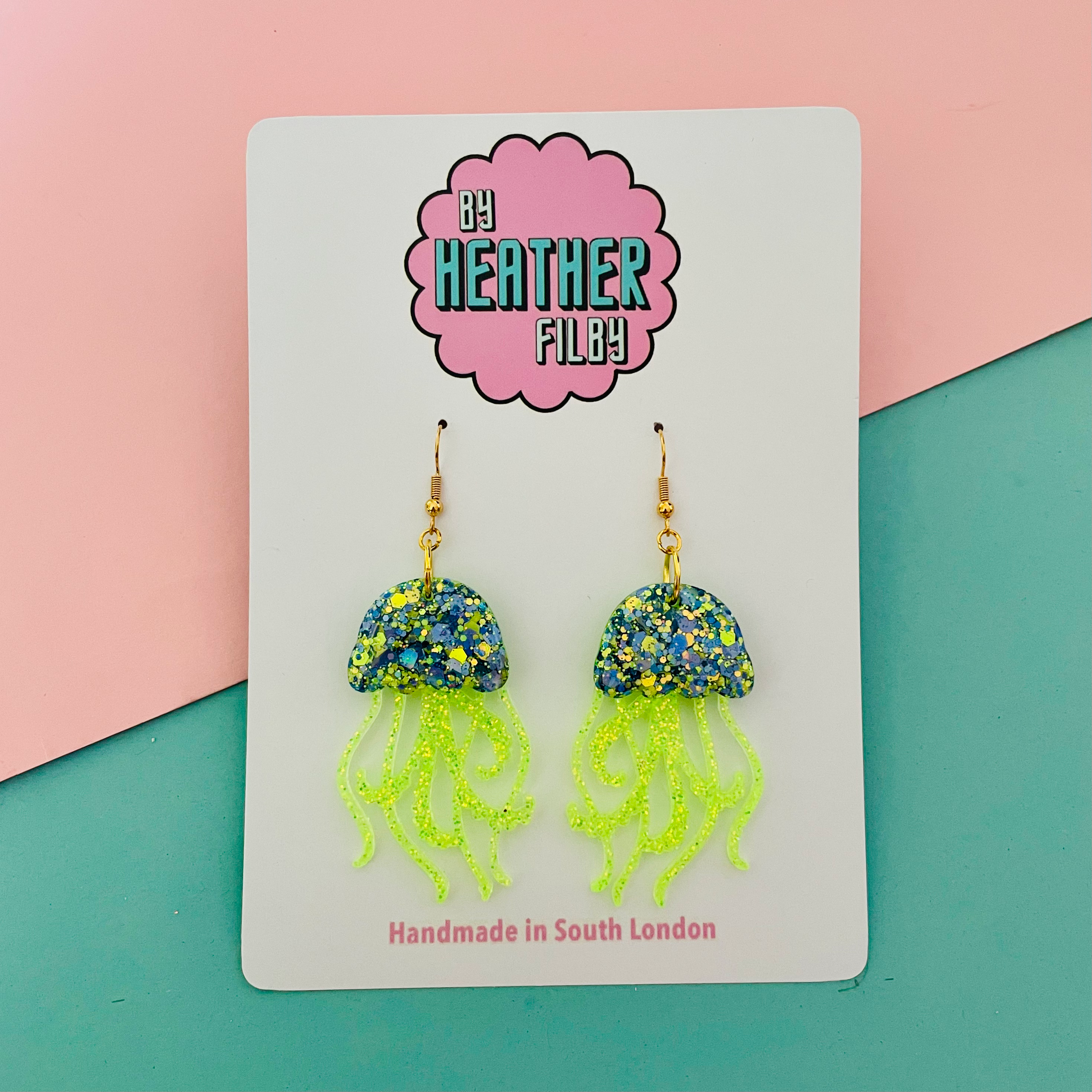 Lime green and blue jellyfish earrings