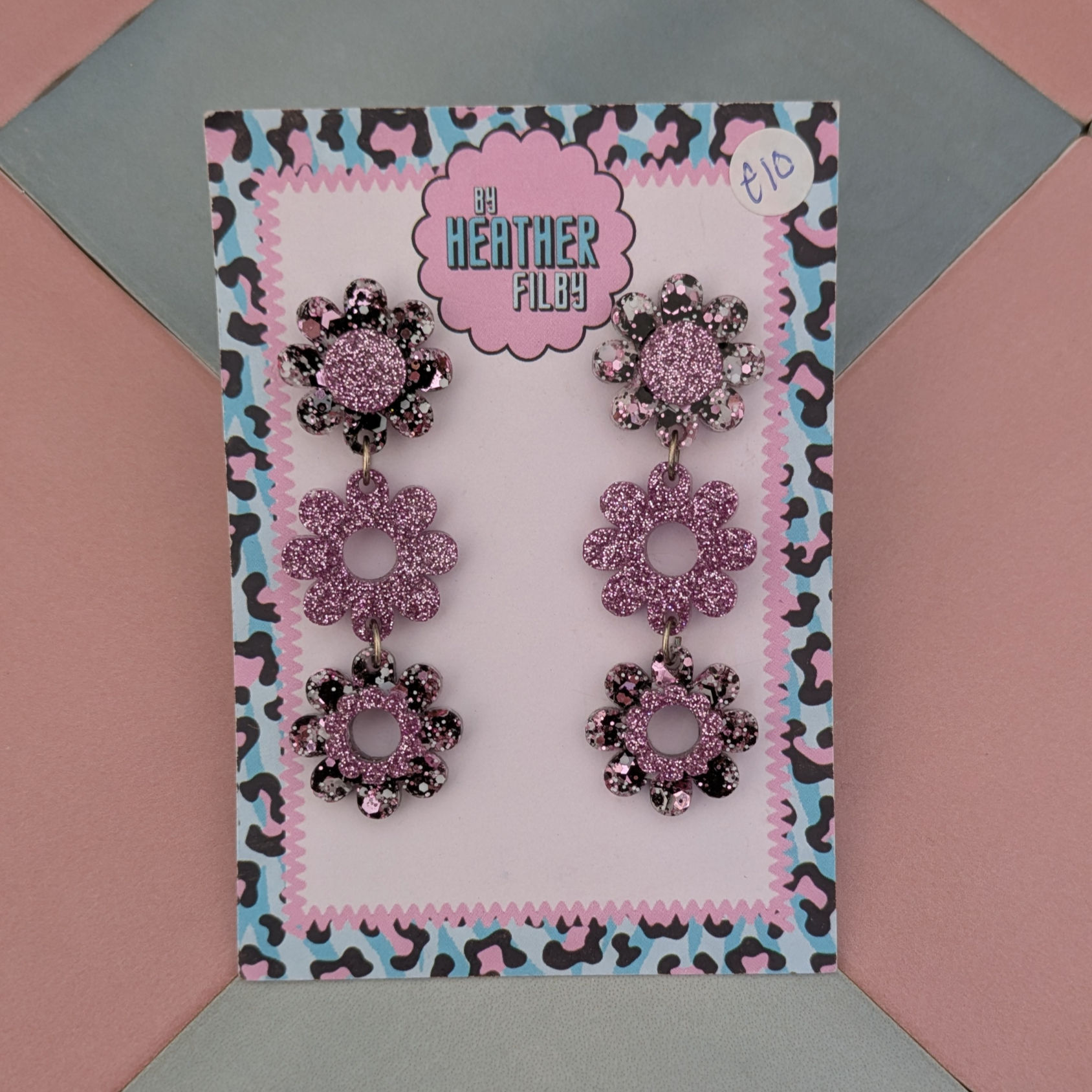 Pink and Black Triple Flower Glitter Resin Earrings