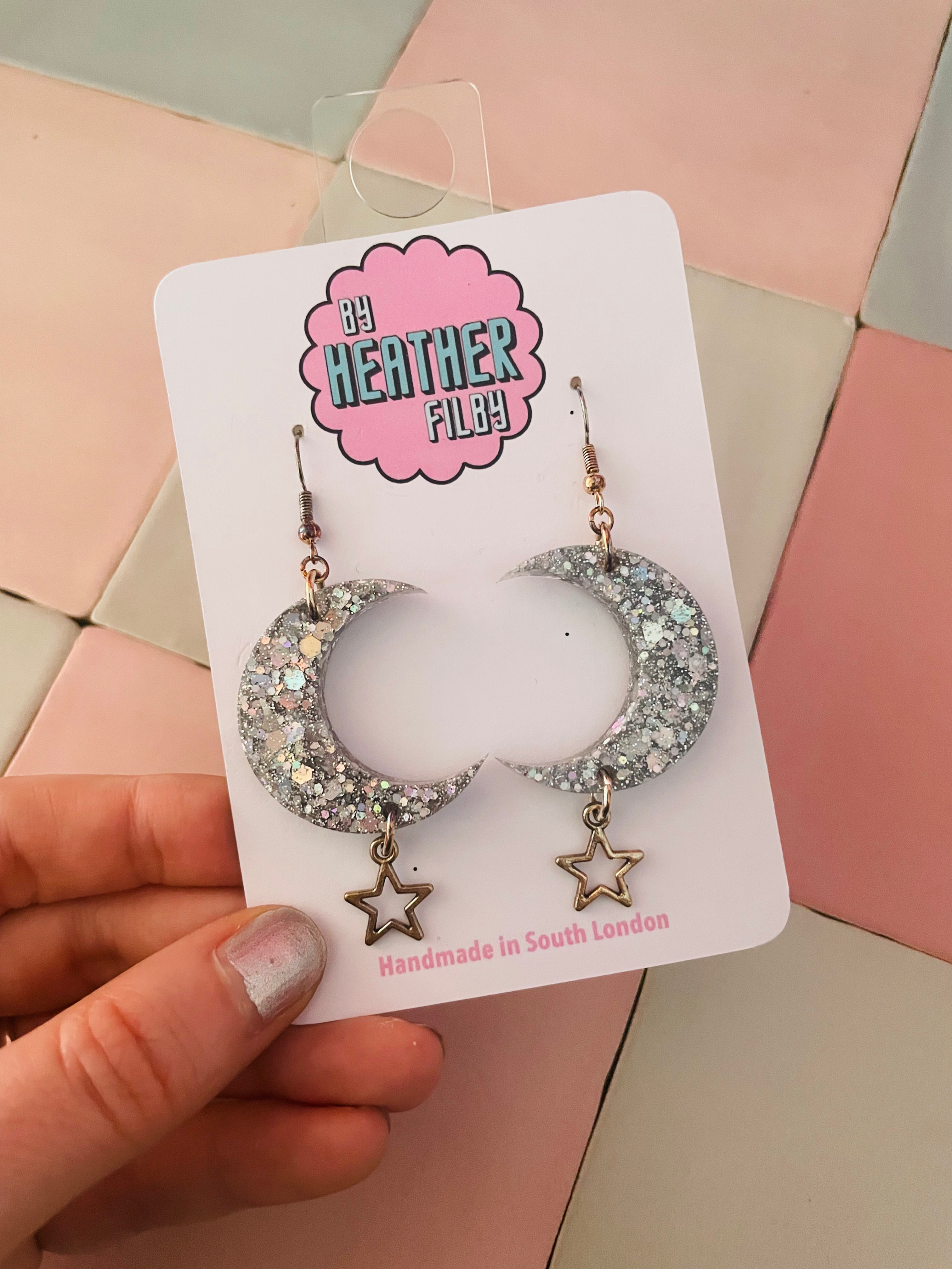 Silver Moon Glitter Resin Earrings