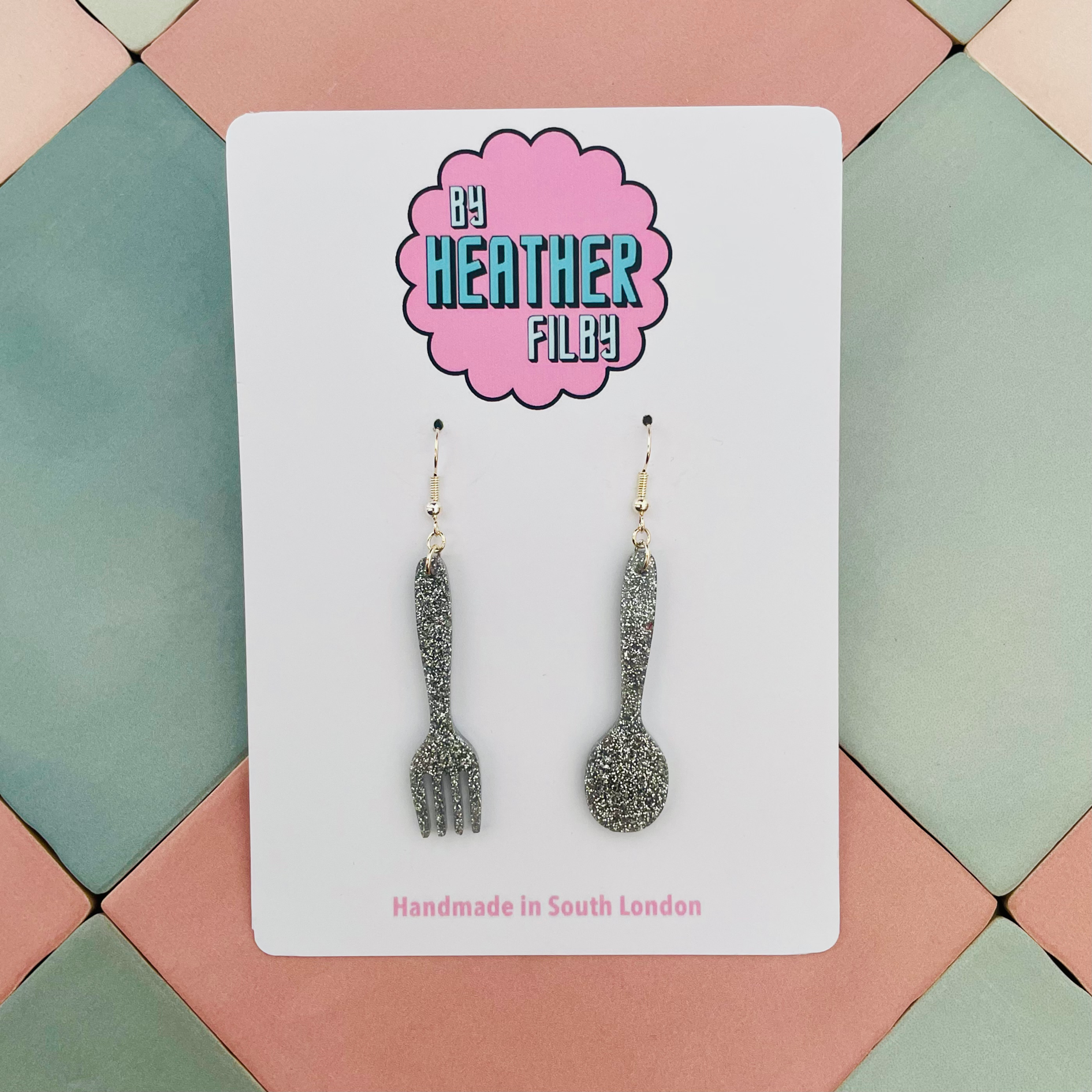 Silver glitter fork and spoon earrings