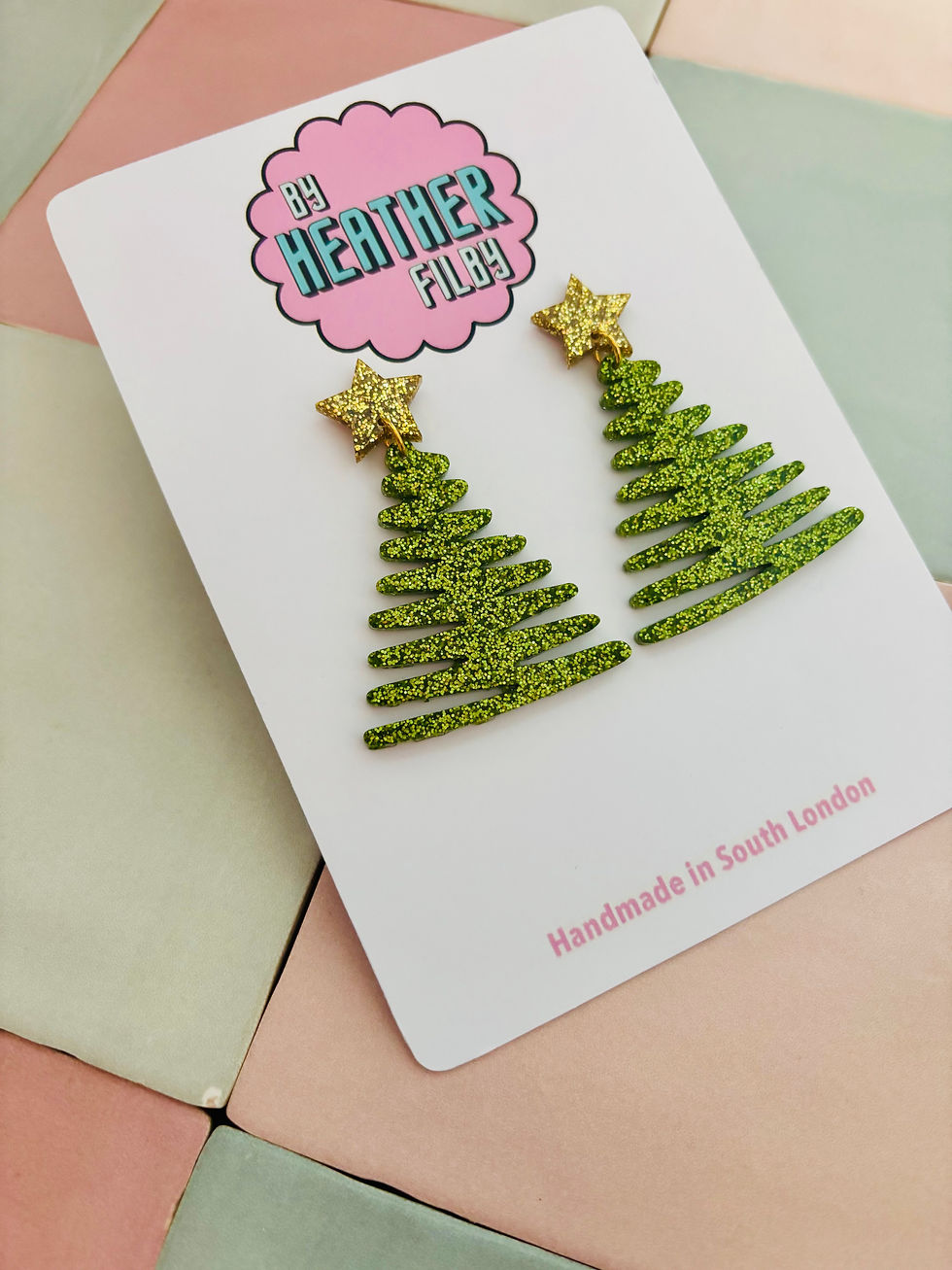 Thumbnail: 🎄 Green Squiggle Glitter Christmas Tree Earrings