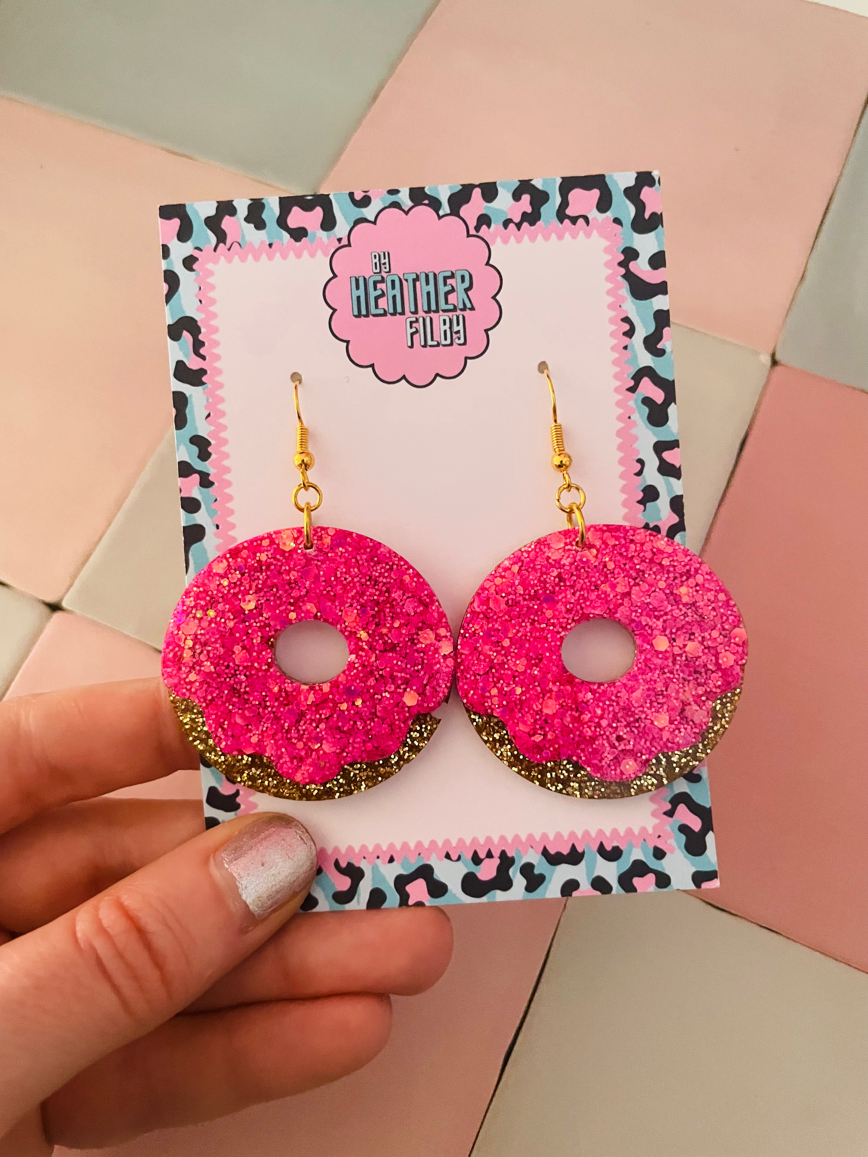 Pink Doughnut Glitter Resin Earring