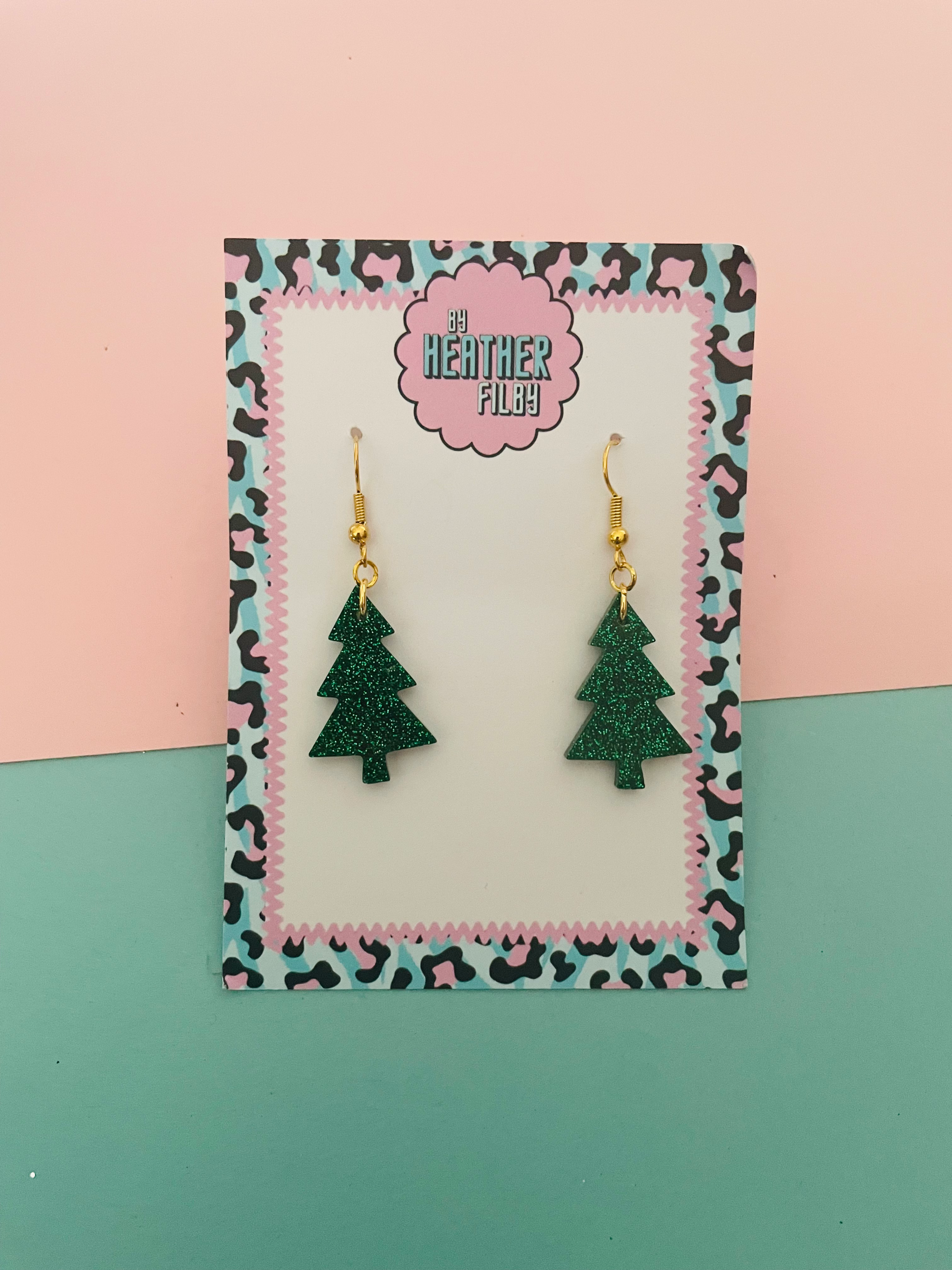 Green Christmas Tree Glitter Earrings