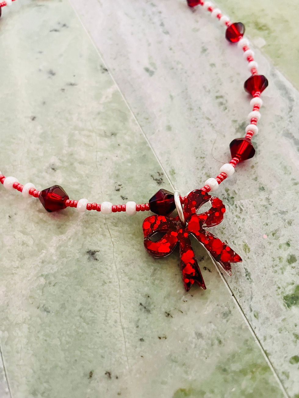 Thumbnail: The "Coquette & Candy" Mixed Bead Necklace — Red Bow Edition