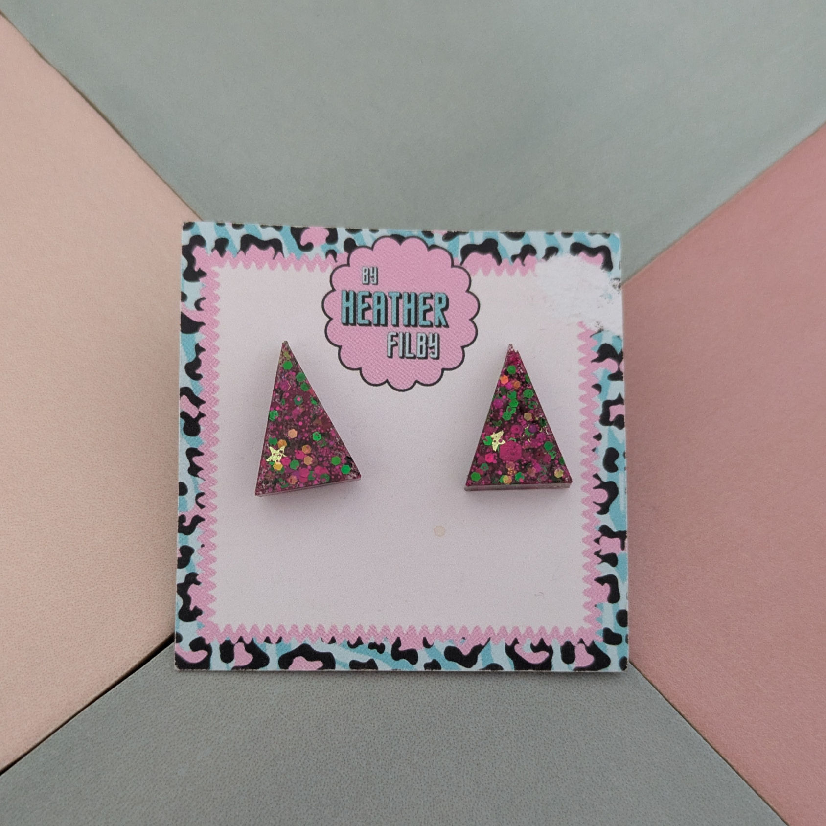 Pink and Green Triangle Glitter Resin Stud Earrings
