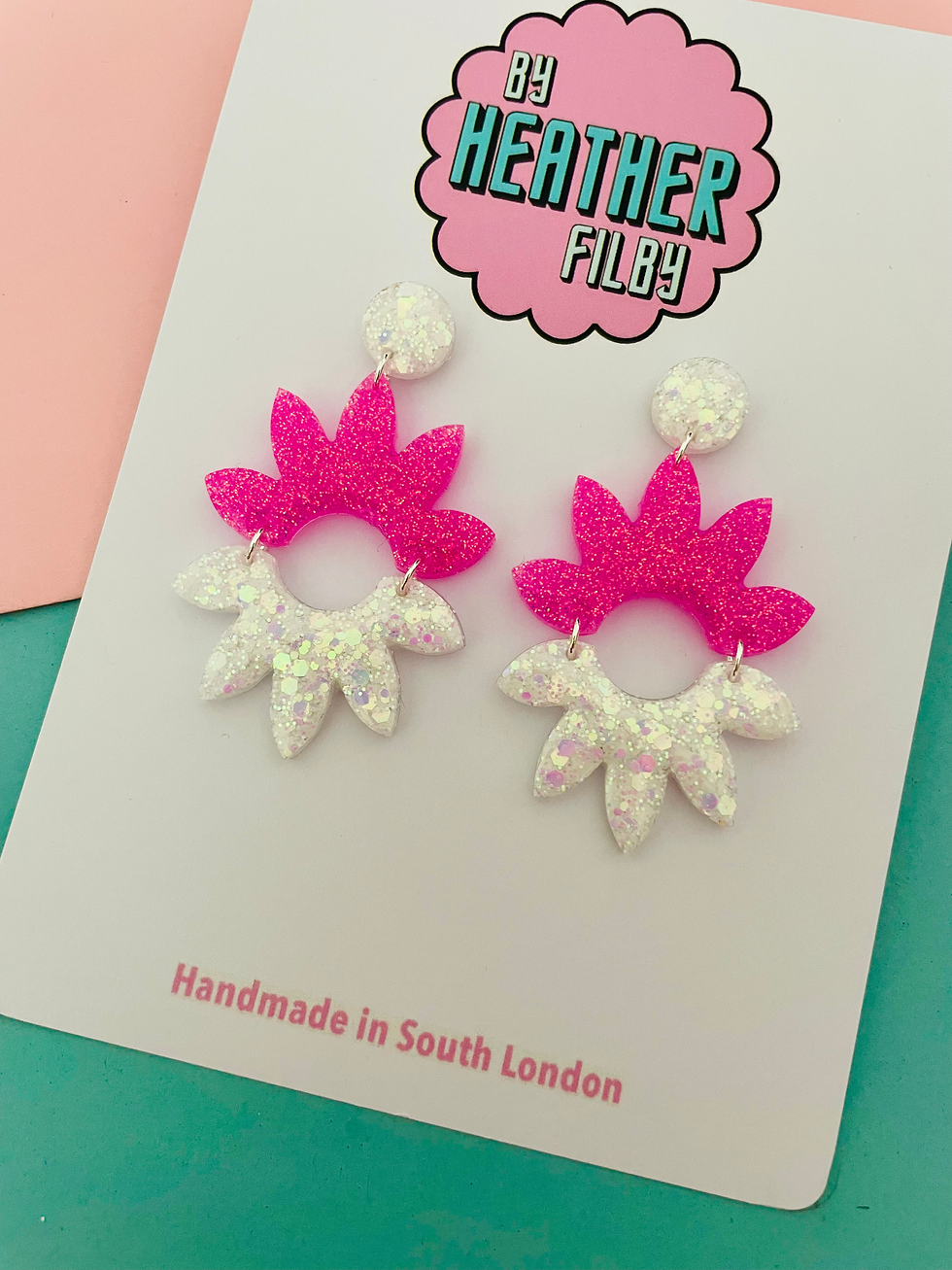 Thumbnail: Pink and White Sparkly Geometric Earrings