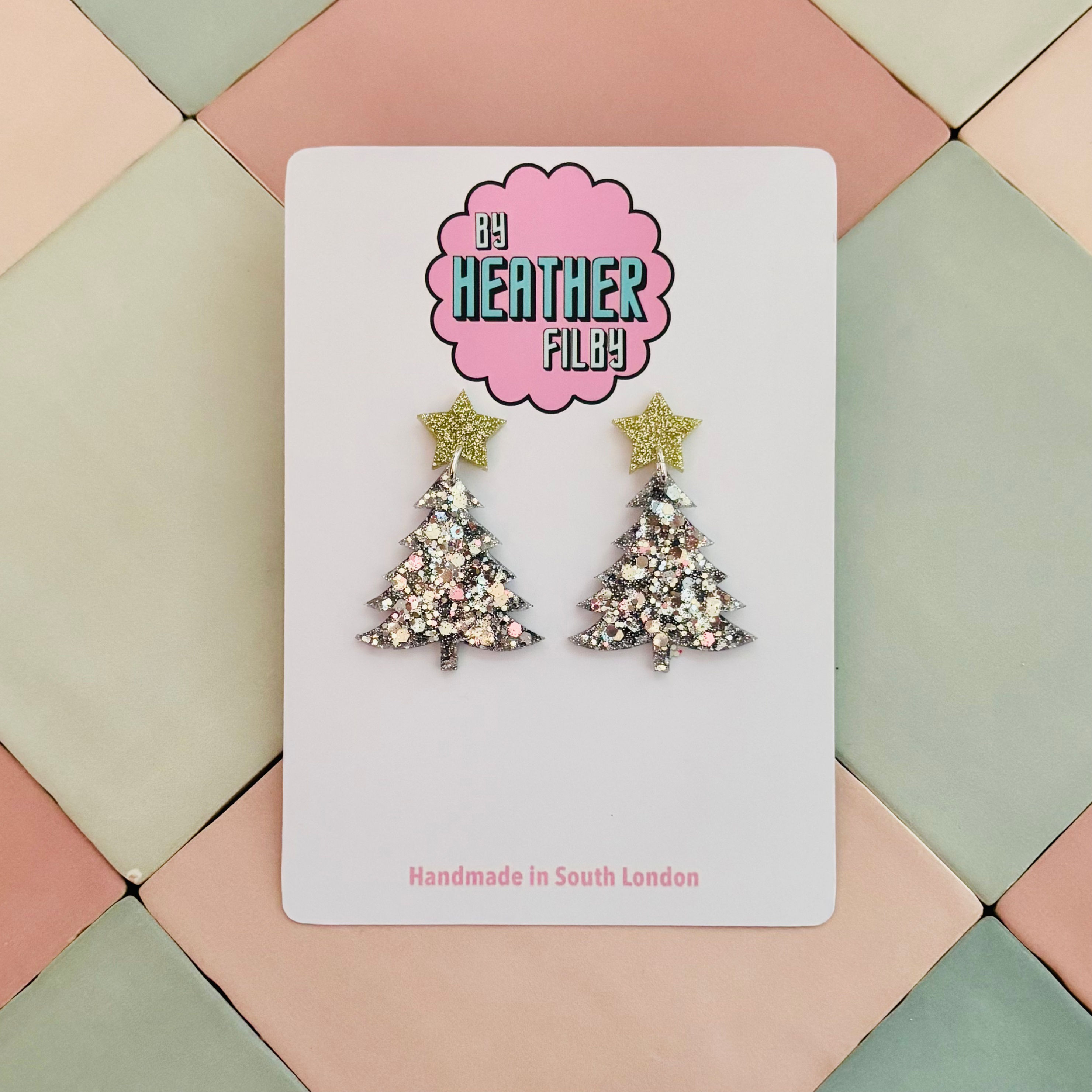 ❄️ Silver Glitter Christmas Tree with Star Earrings