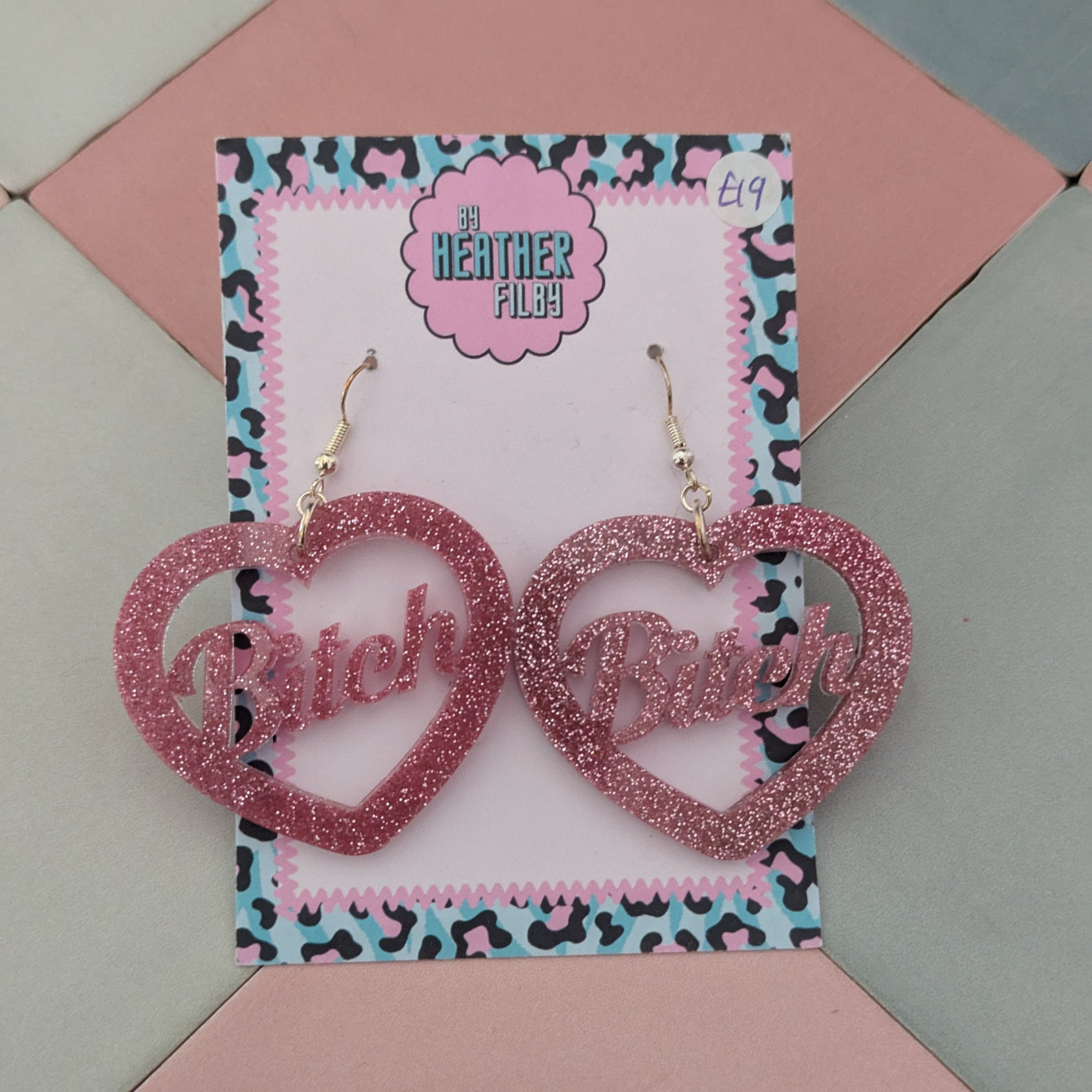 Pink Bitch Glitter Resin Earrings