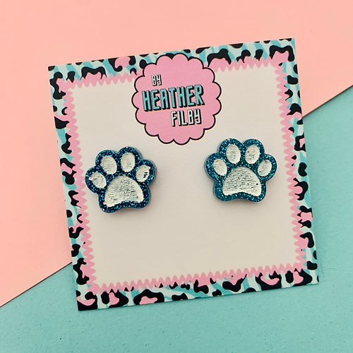Thumbnail: glitter blue paw print studs