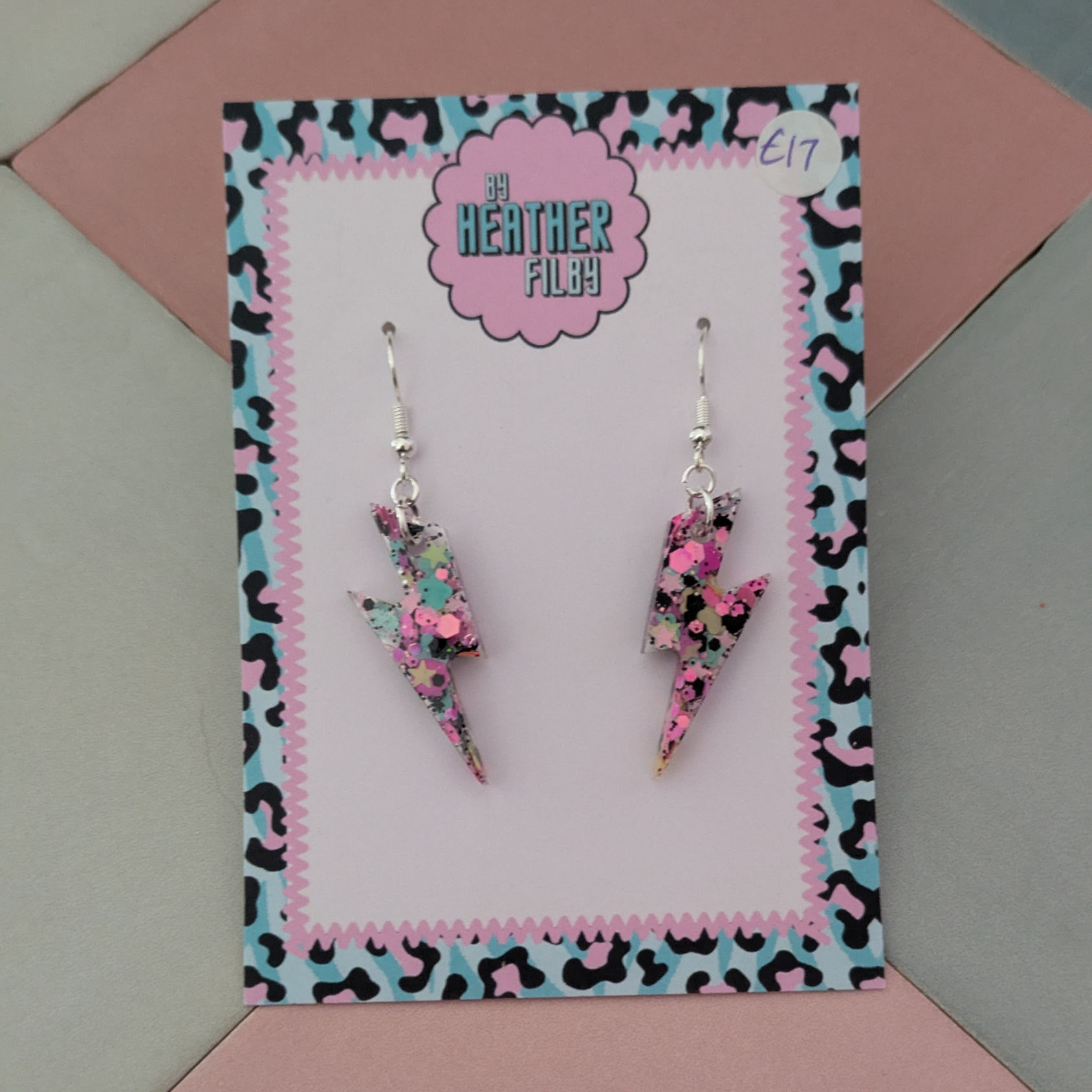 Black and Pink Bolts Glitter Resin Earring
