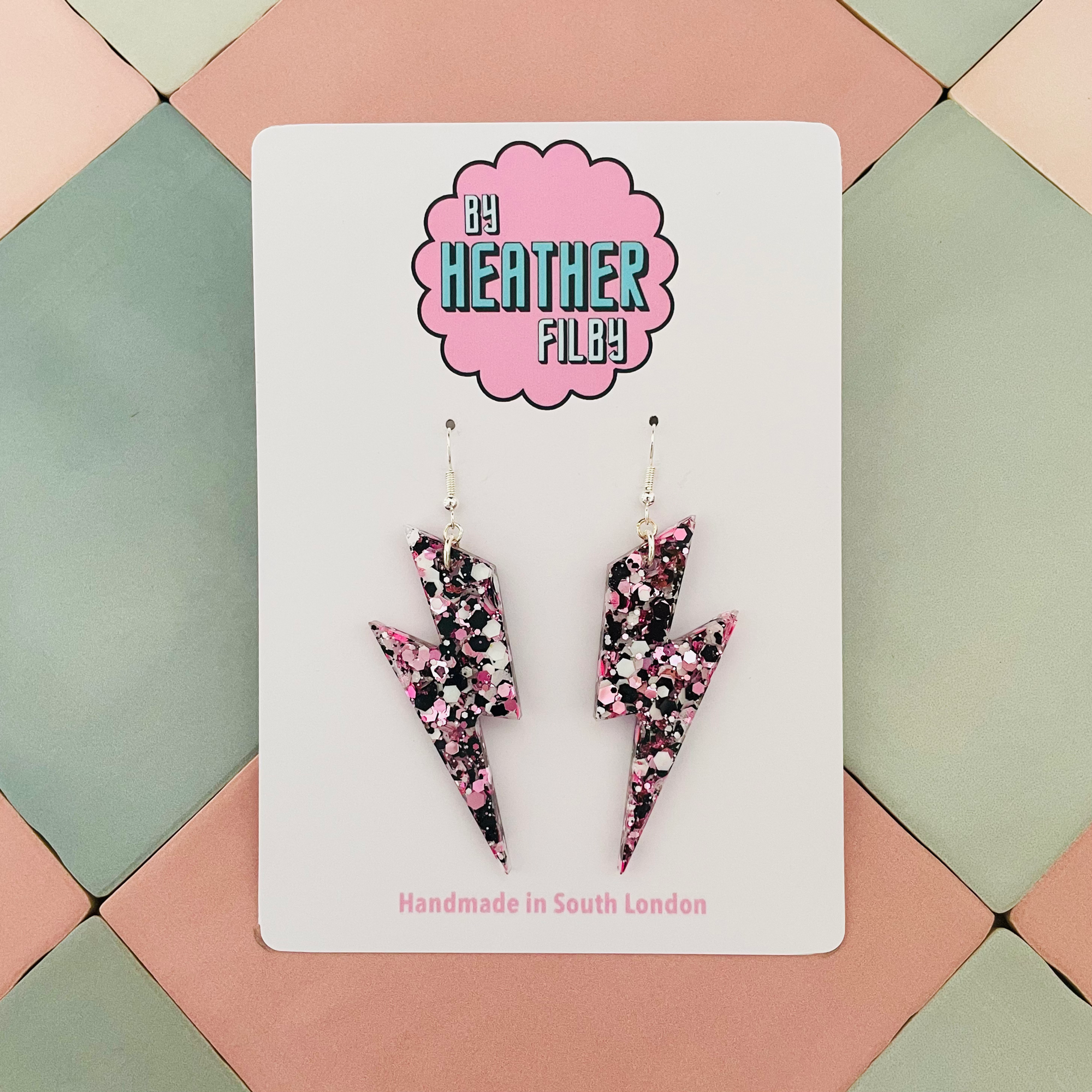 Pink and Black Glitter Lightning Bolt Earrings