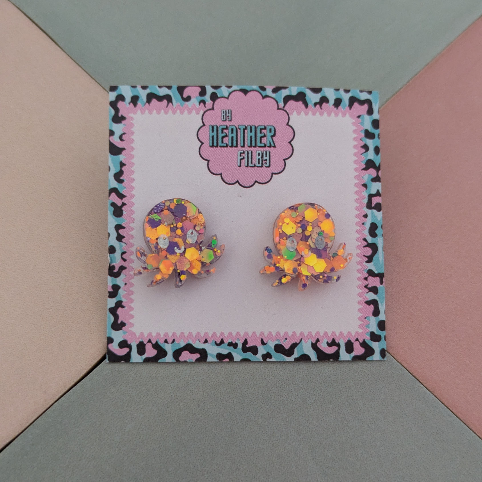 Orange and Purple Glitter Resin Stud Earrings