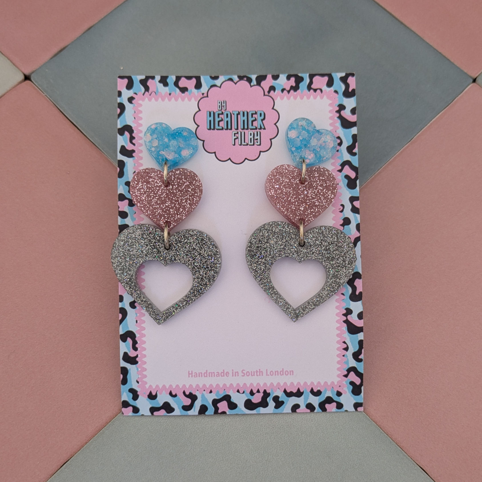Blue, Pink and Silver Triple Heart Glitter Resin Earring