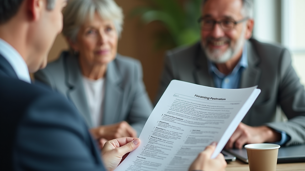 Close-up view of a financial advisor explaining documents to a senior homeowner