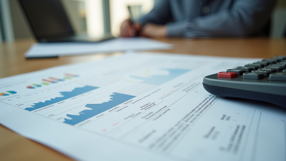 Eye-level view of a neat desk with financial documents and a calculator