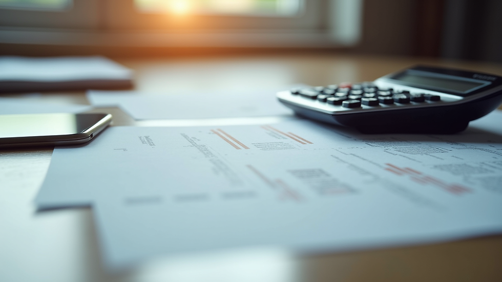 Eye-level view of a neat desk with financial documents and a calculator