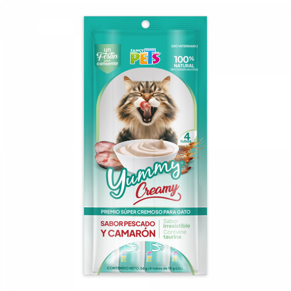 Yummy Creamy para gato pescado y camarón 4 tubos de 14g | Fancy Pets