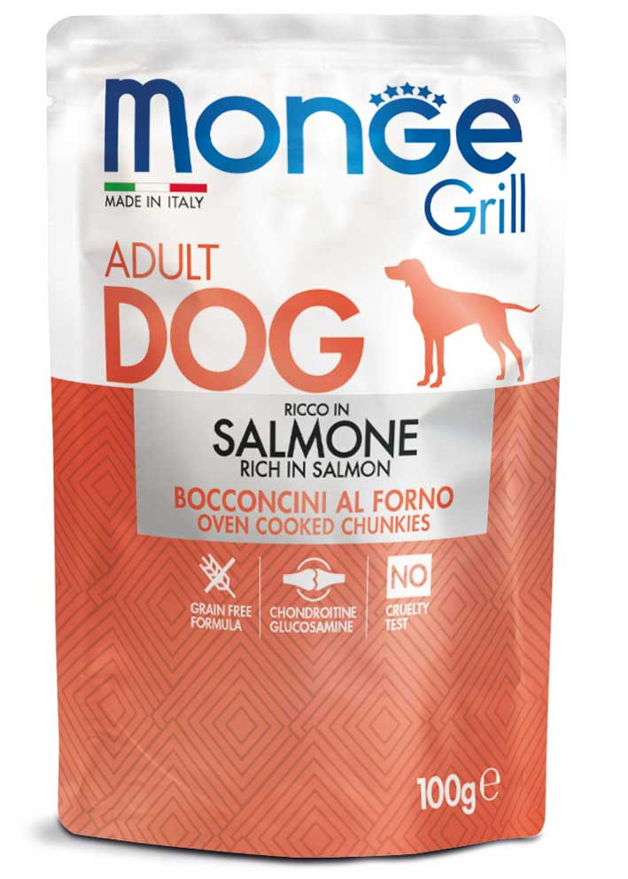 Monge Grill Adulto, Bocaditos Rico en Salmón Pouch de 100g | Monge