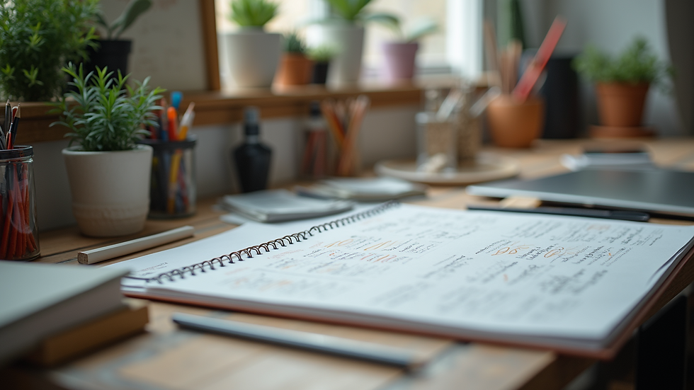 Close-up view of a well-organized workspace with creative materials
