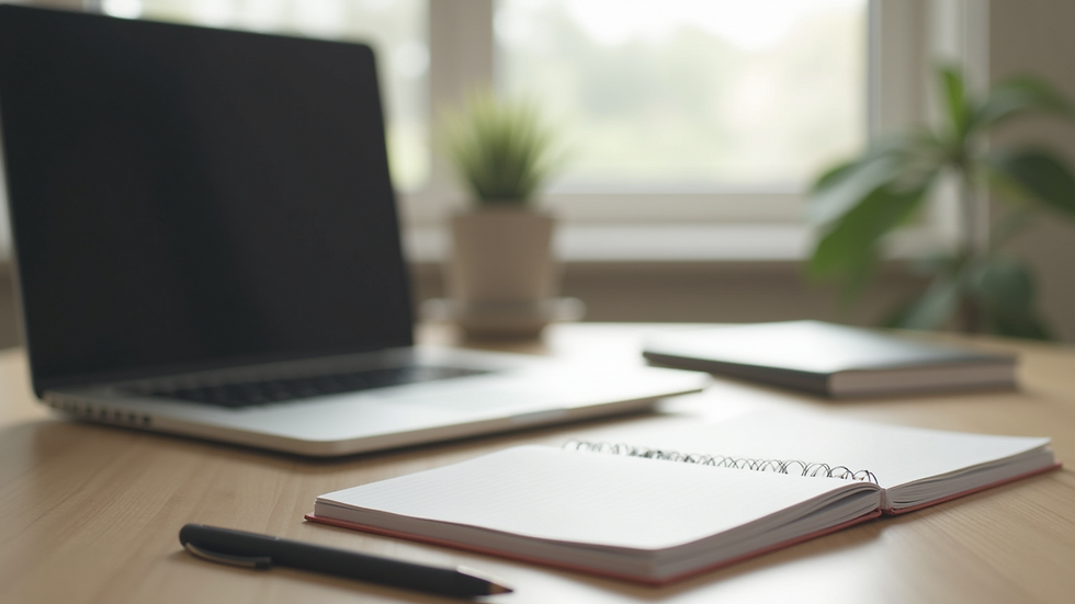 Eye-level view of a serene workspace with a laptop and a notebook