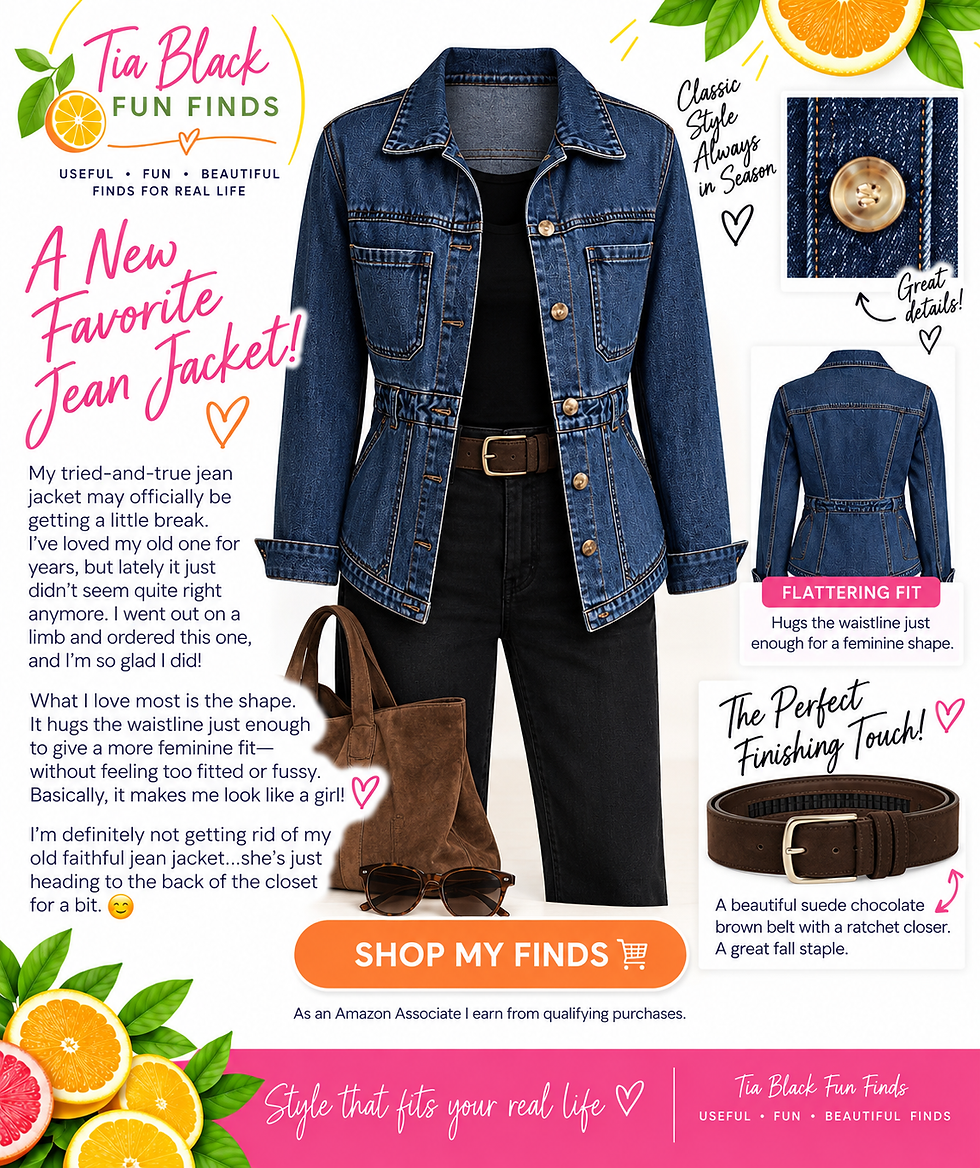 Tia Black Fun Finds jean jacket and chocolate brown belt fall fashion review