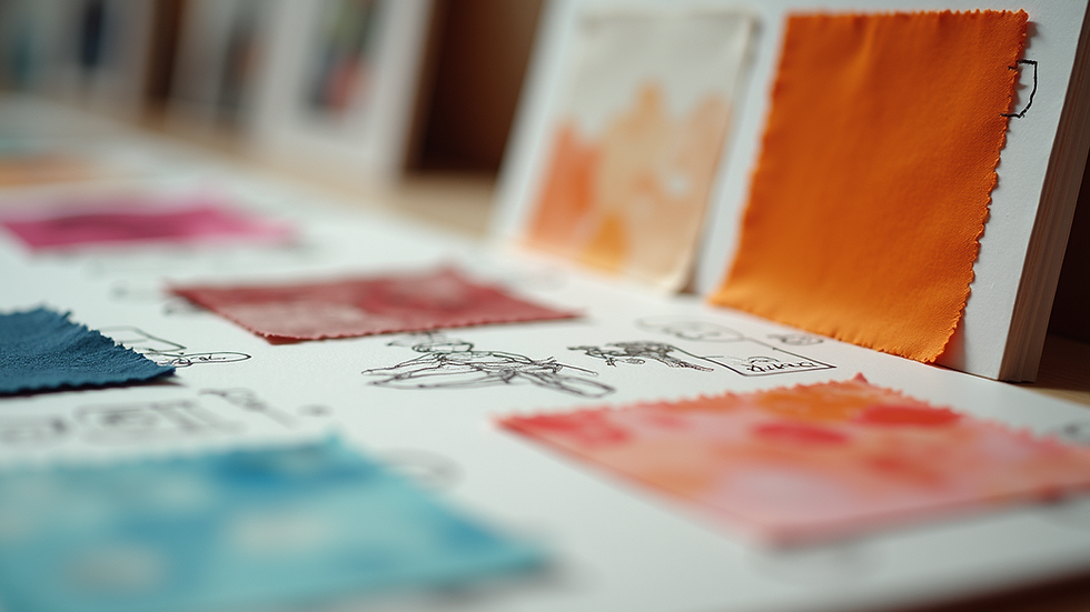 Eye-level view of a colorful mood board with fabric swatches and sketches