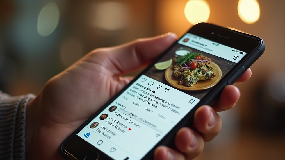 Close-up of a smartphone showing a restaurant’s social media page with many likes and comments