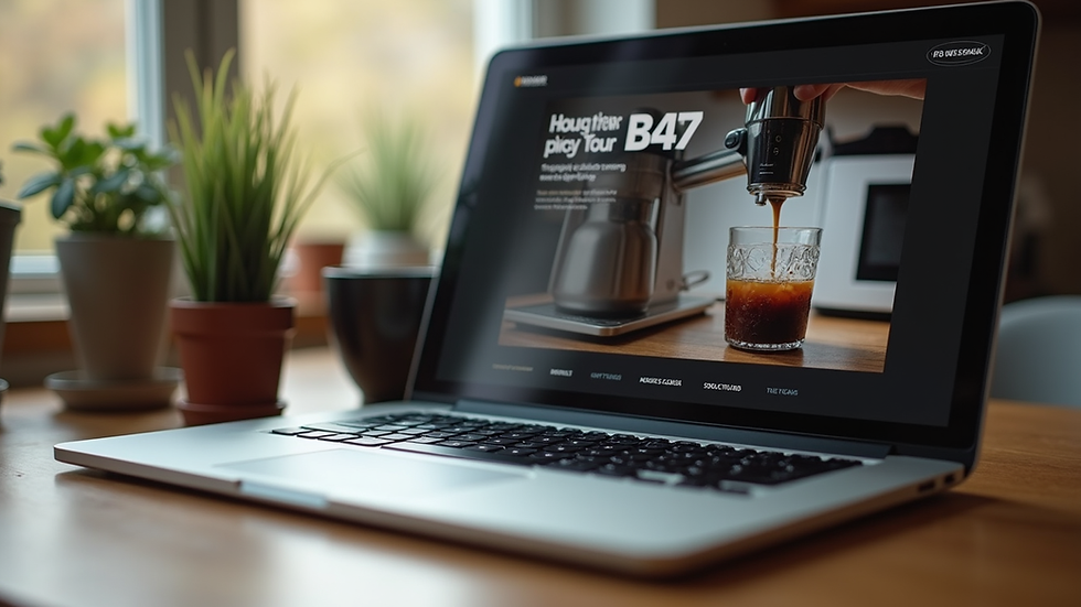 Eye-level view of a laptop screen showing a blog post about coffee brewing