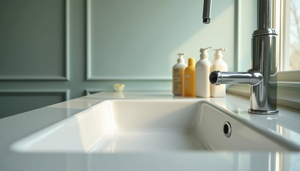 Close-up view of bathroom sink with cleaning supplies on the counter