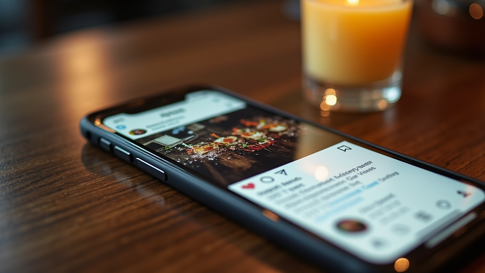 Close-up view of a smartphone displaying Instagram with a post about a local restaurant article