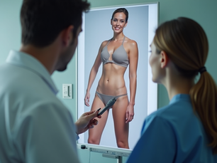 A consultation room with plastic surgery models and brochures on a table