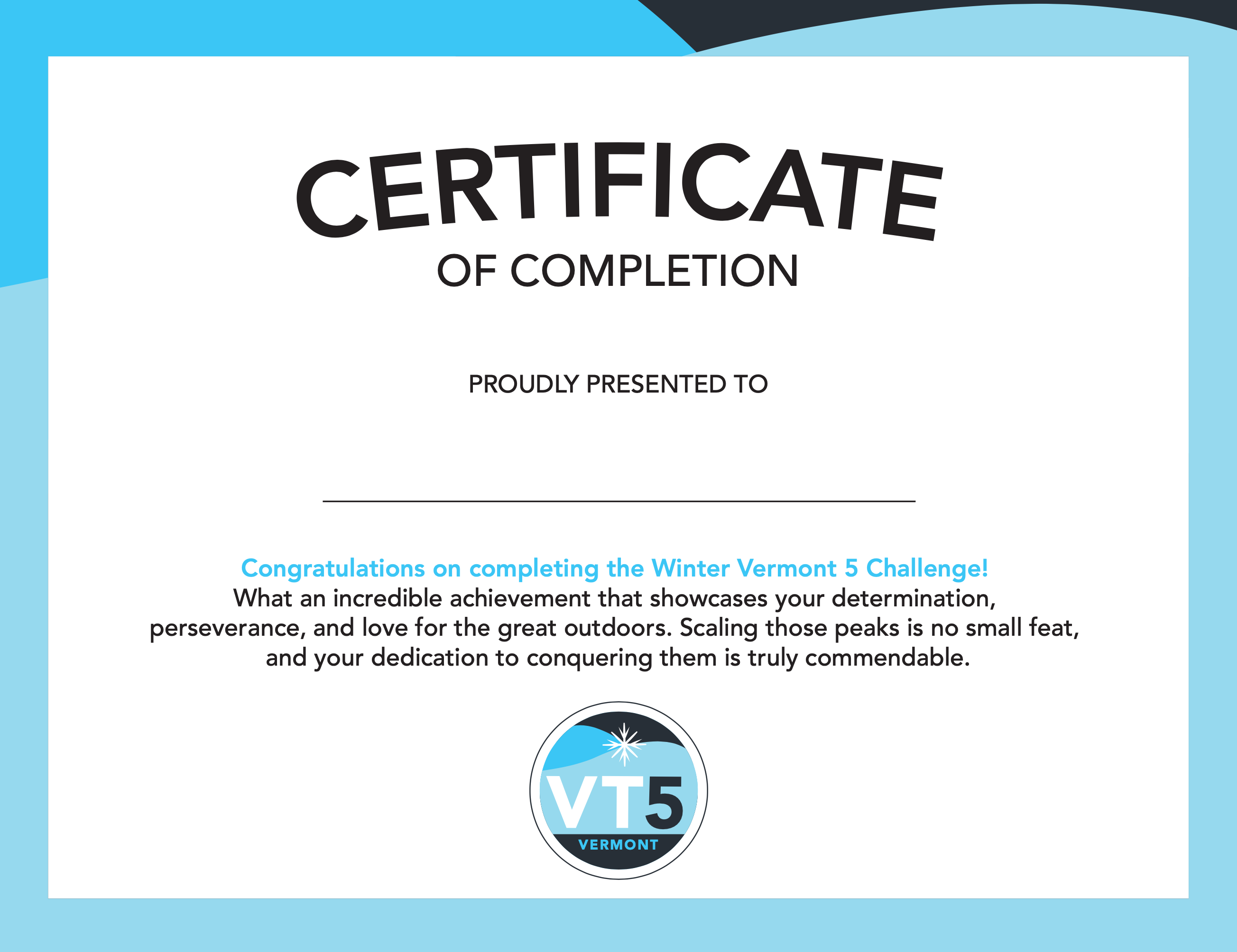 Certificate of completion for the Winter Vermont 5 Challenge