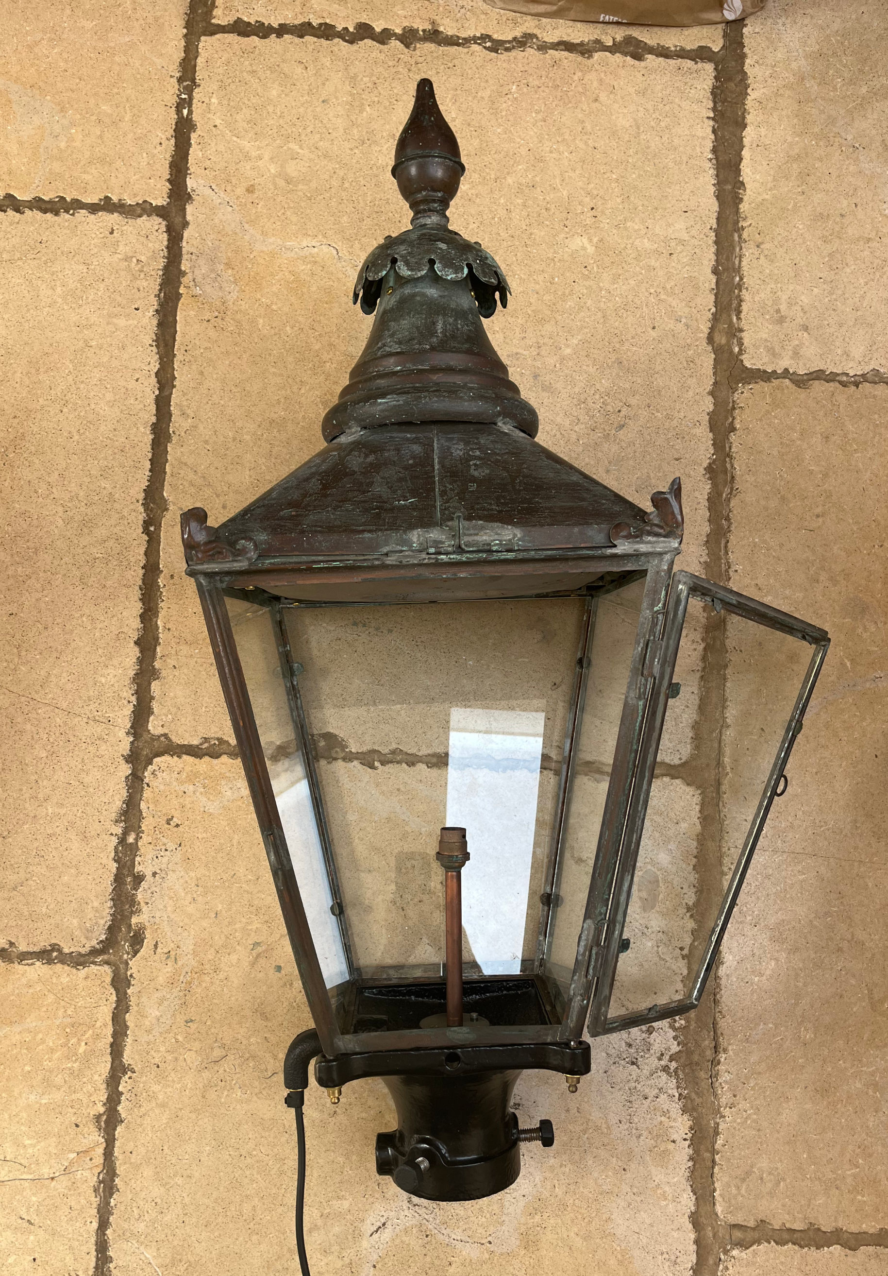 Large Copper Lantern with Cast Iron Wall Bracket