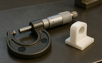 Bügelmessschraube und 3D gedrucktes Bauteil zur Maßkontrolle in der Fertigung