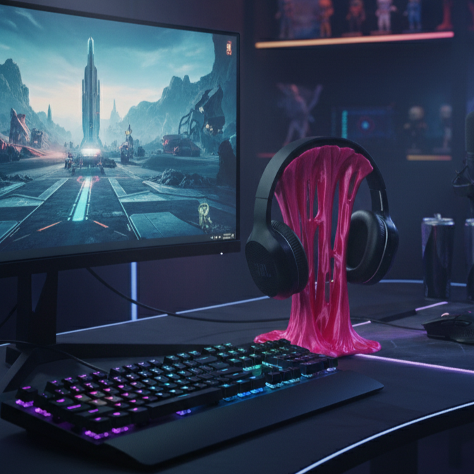 Ausgefallener Kopfhörer Ständer Magenta | Gaming Schreibtisch Deko | Stylischer