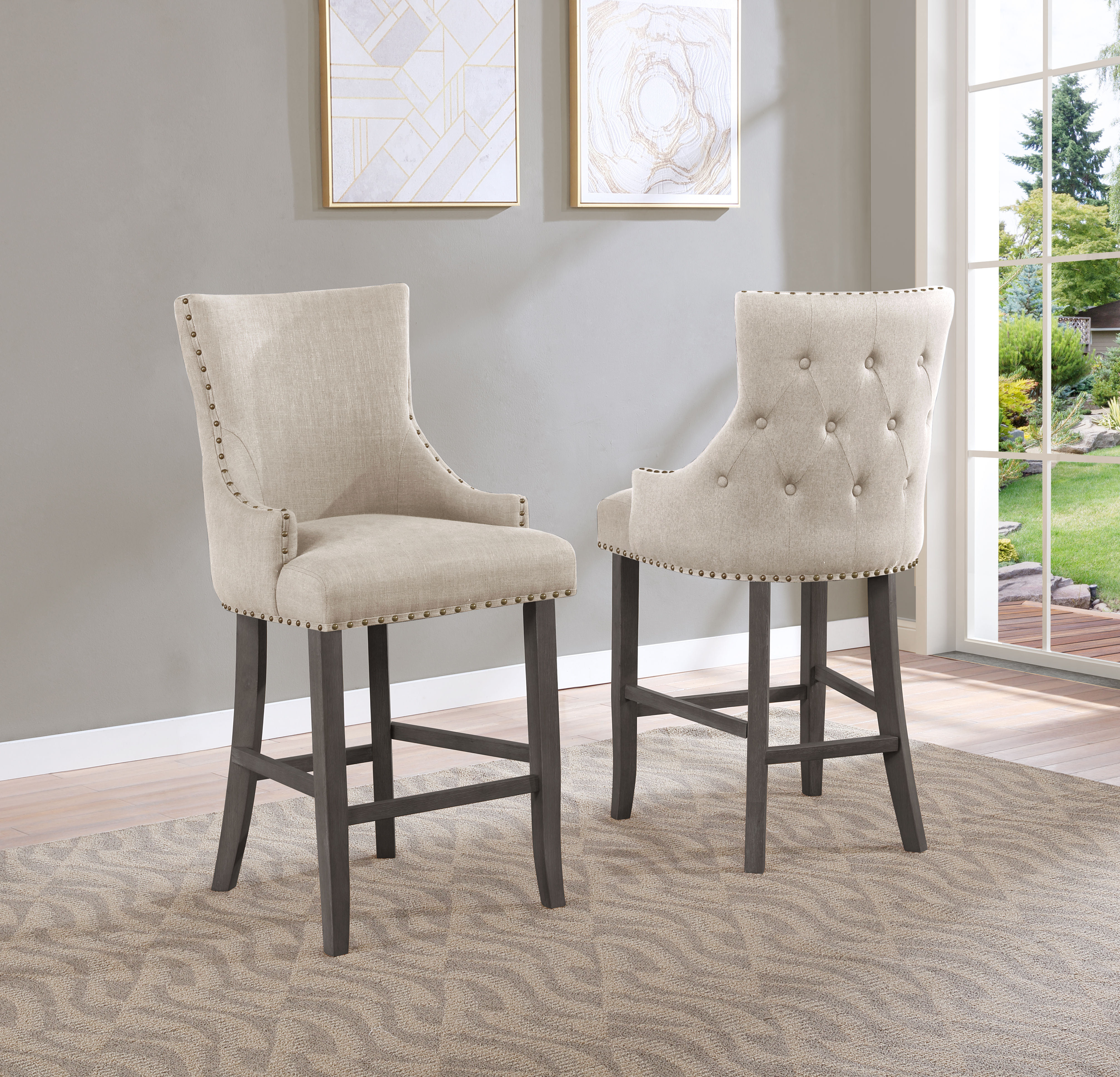Best BS30 Beige Linen Nailhead Trim & Button-Tufted Back Barstool